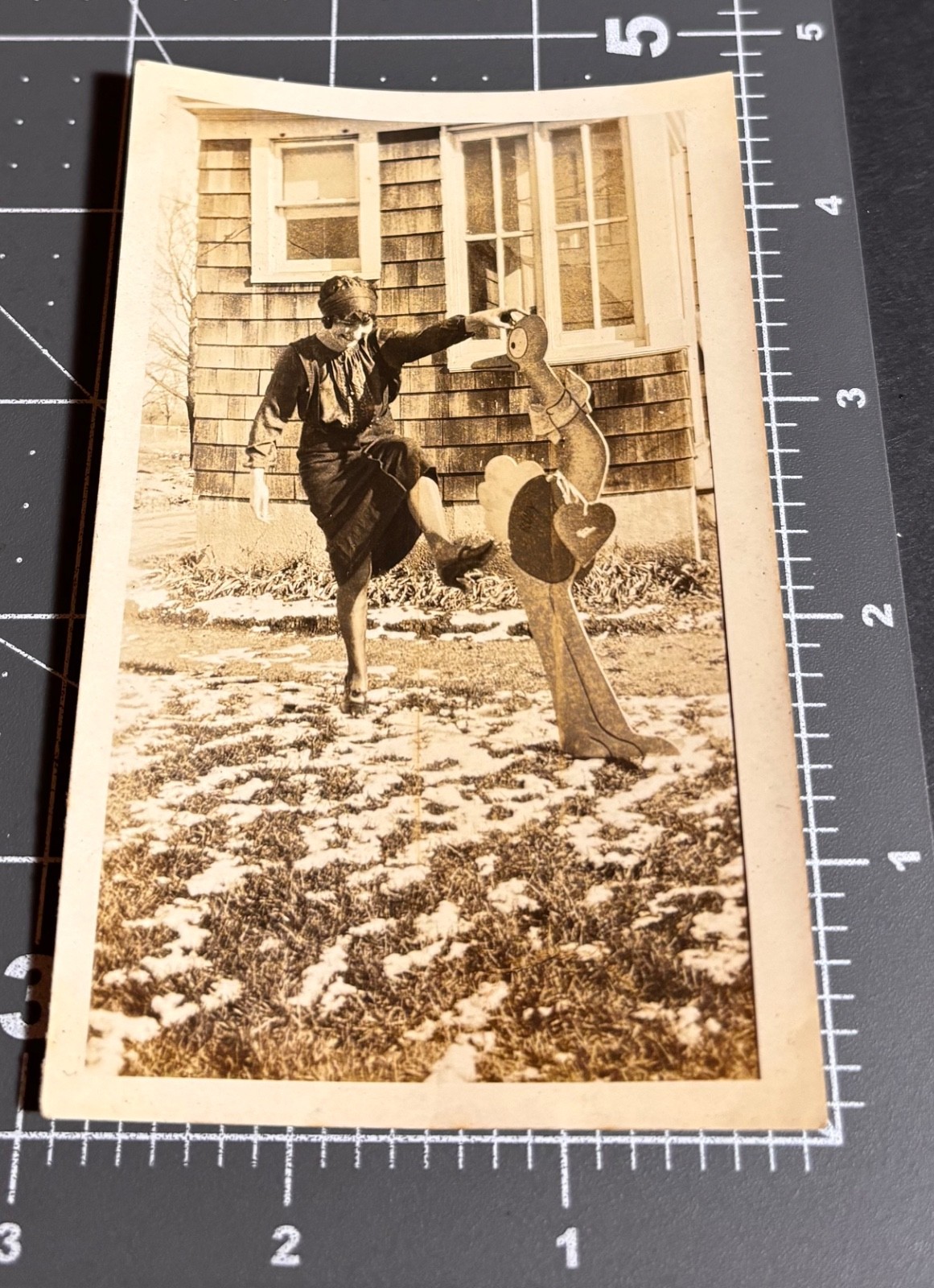 1920s Weird Odd Woman KICKS OSTRICH Folk Art SIGN Bird Vtg Snapshot PHOTO