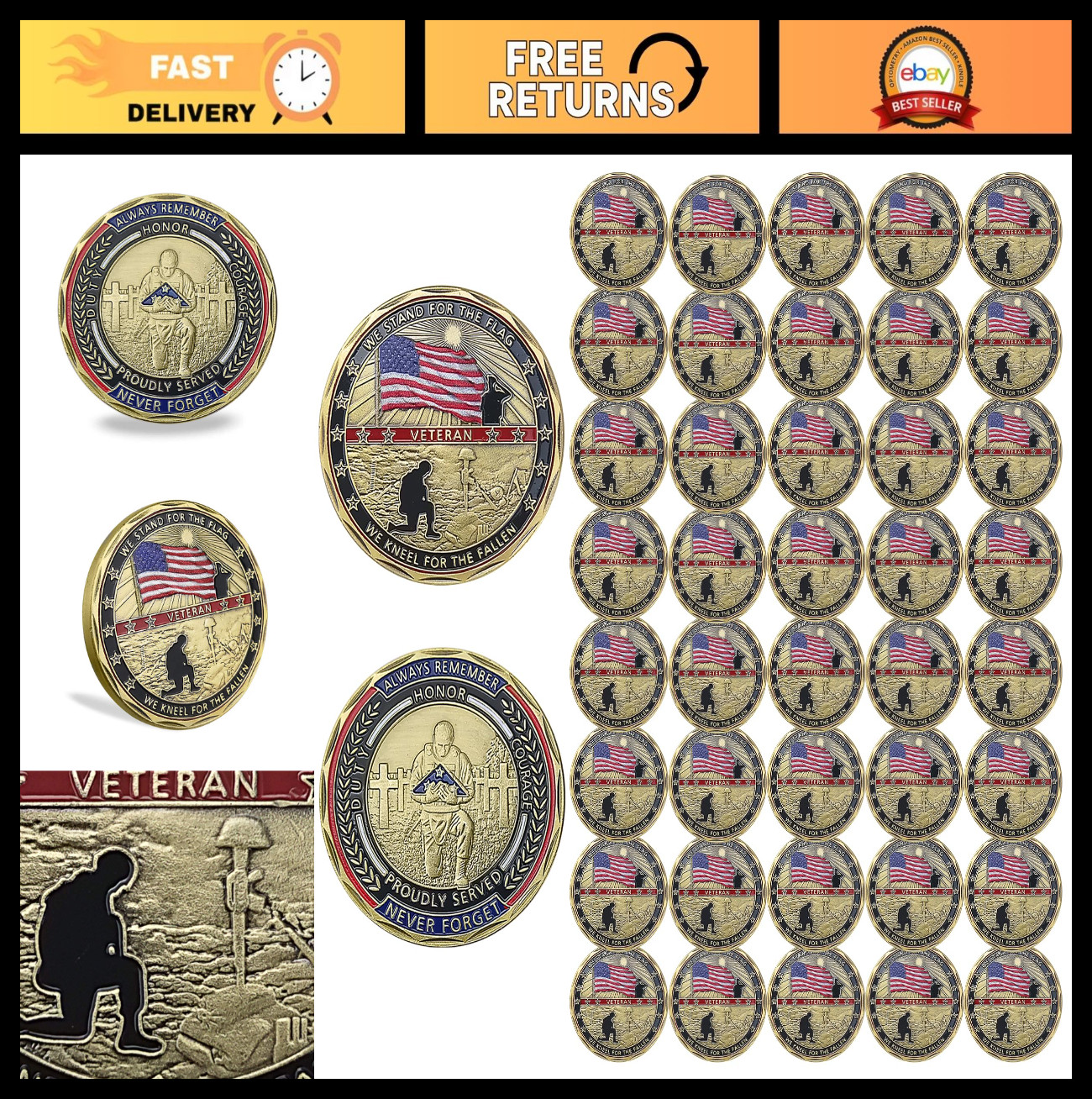 42 PCS Military Challenge Coins Set - Honor Veterans, Stand for Flag, Kneel for