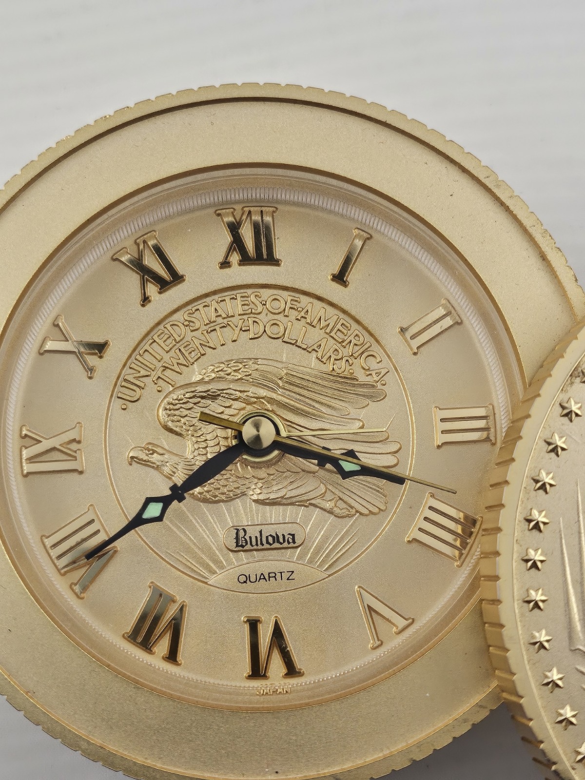 New Bulova Walking Liberty Gold Coin Hidden Quartz Alarm Clock Desk Runs Wow