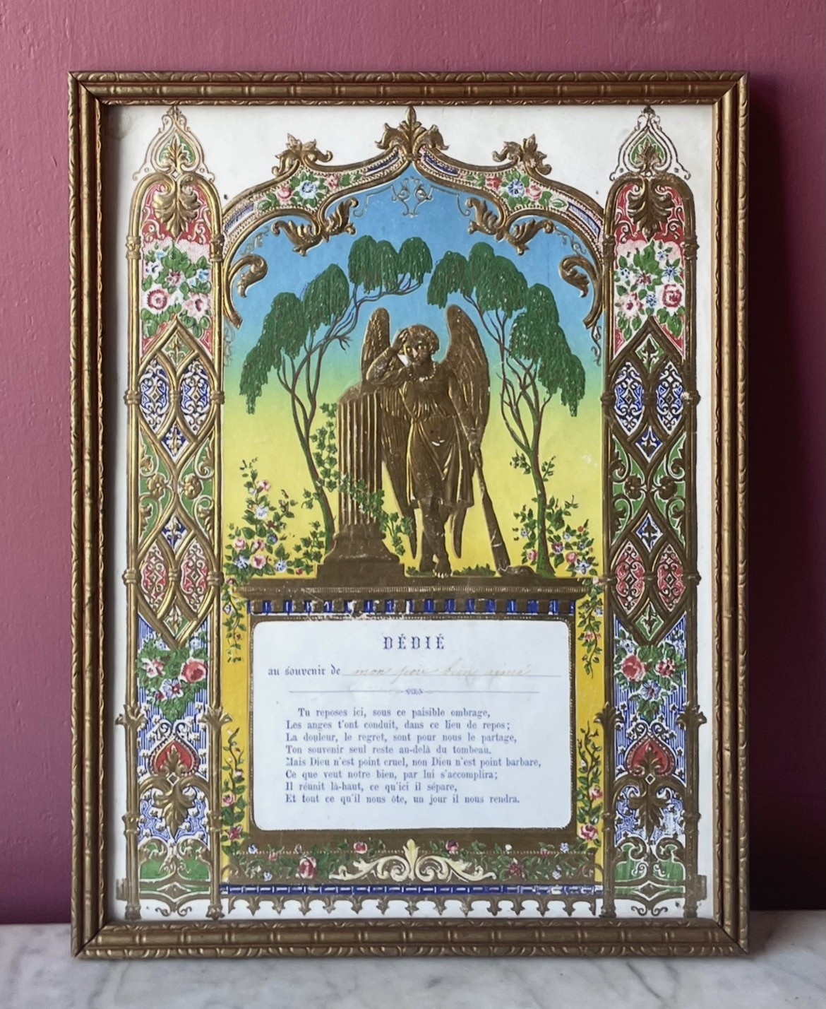 Victorian Mourning Print - Antique German Memorial Lithograph