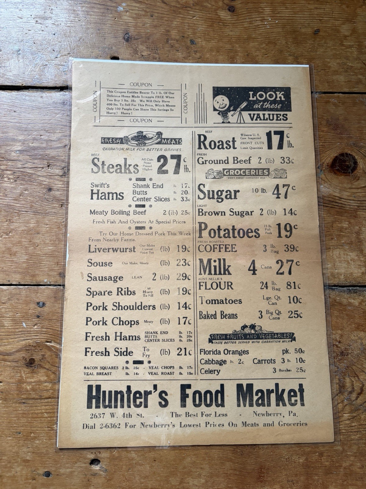 Vintage 1930s 1940s Hunter’s Food Market Grocery Store Newspaper Ad Flyer Pa