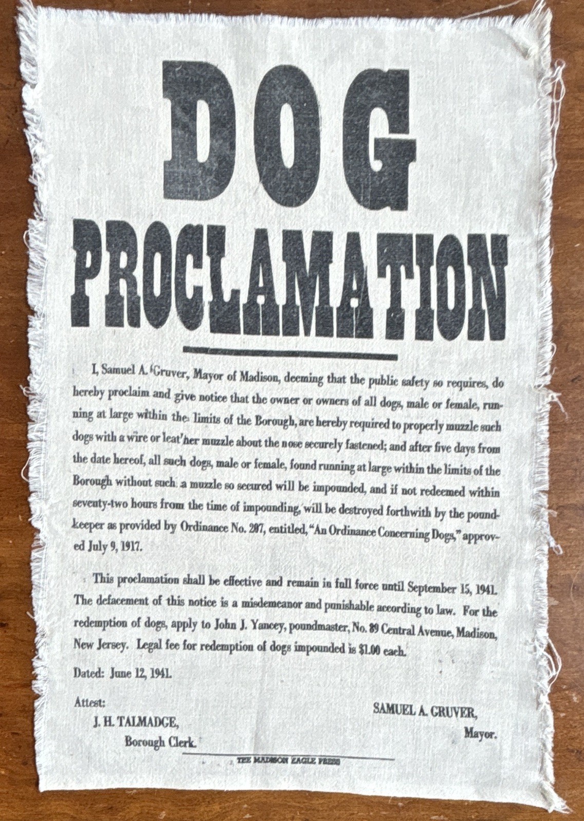 1941 Antique Dog Proclamation Cloth Broadside Madison NJ Mayor Samuel Gruver WWI