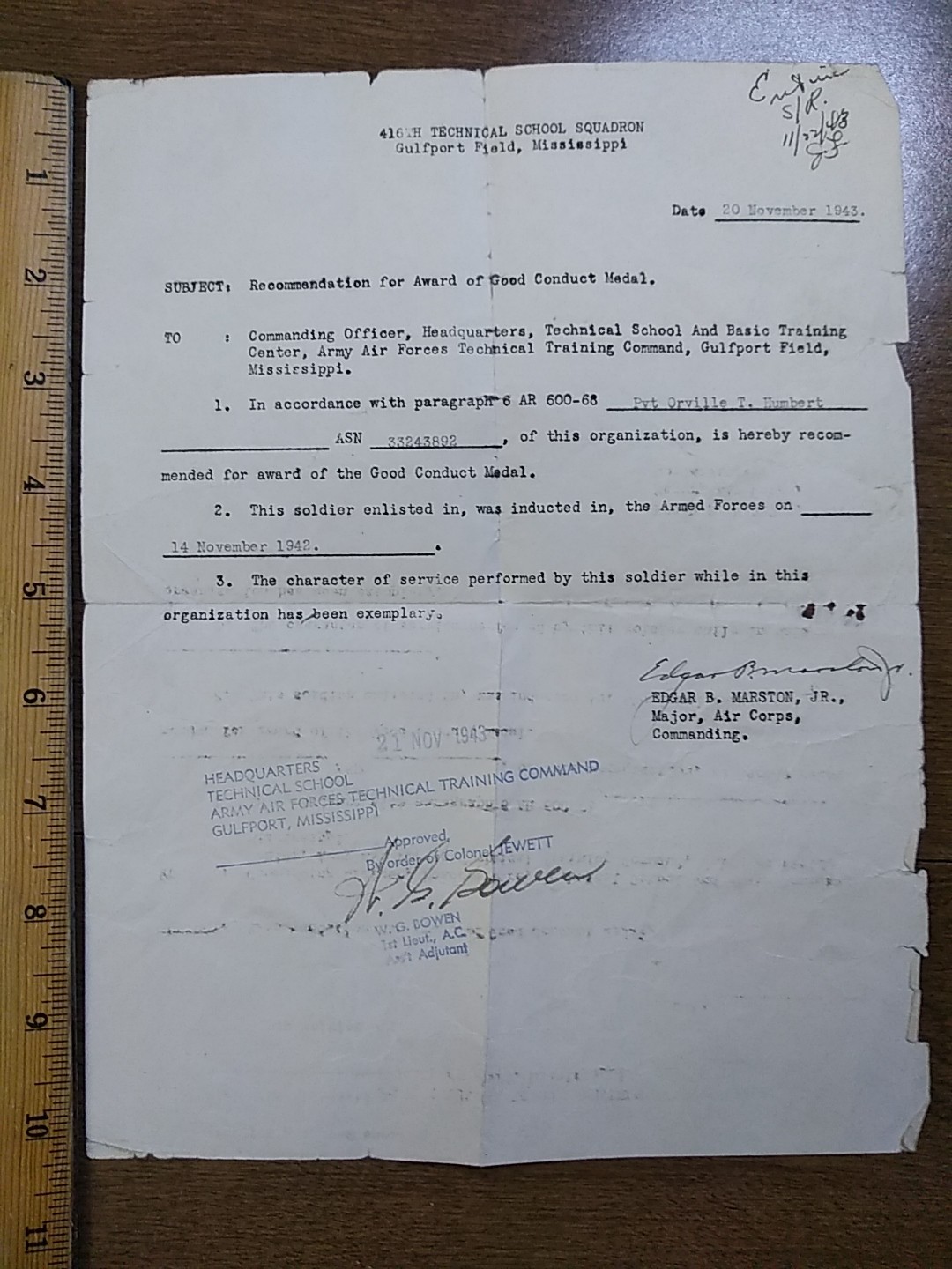 WWII ephemera recommendation for good conduct medal for private 1943 Mississippi