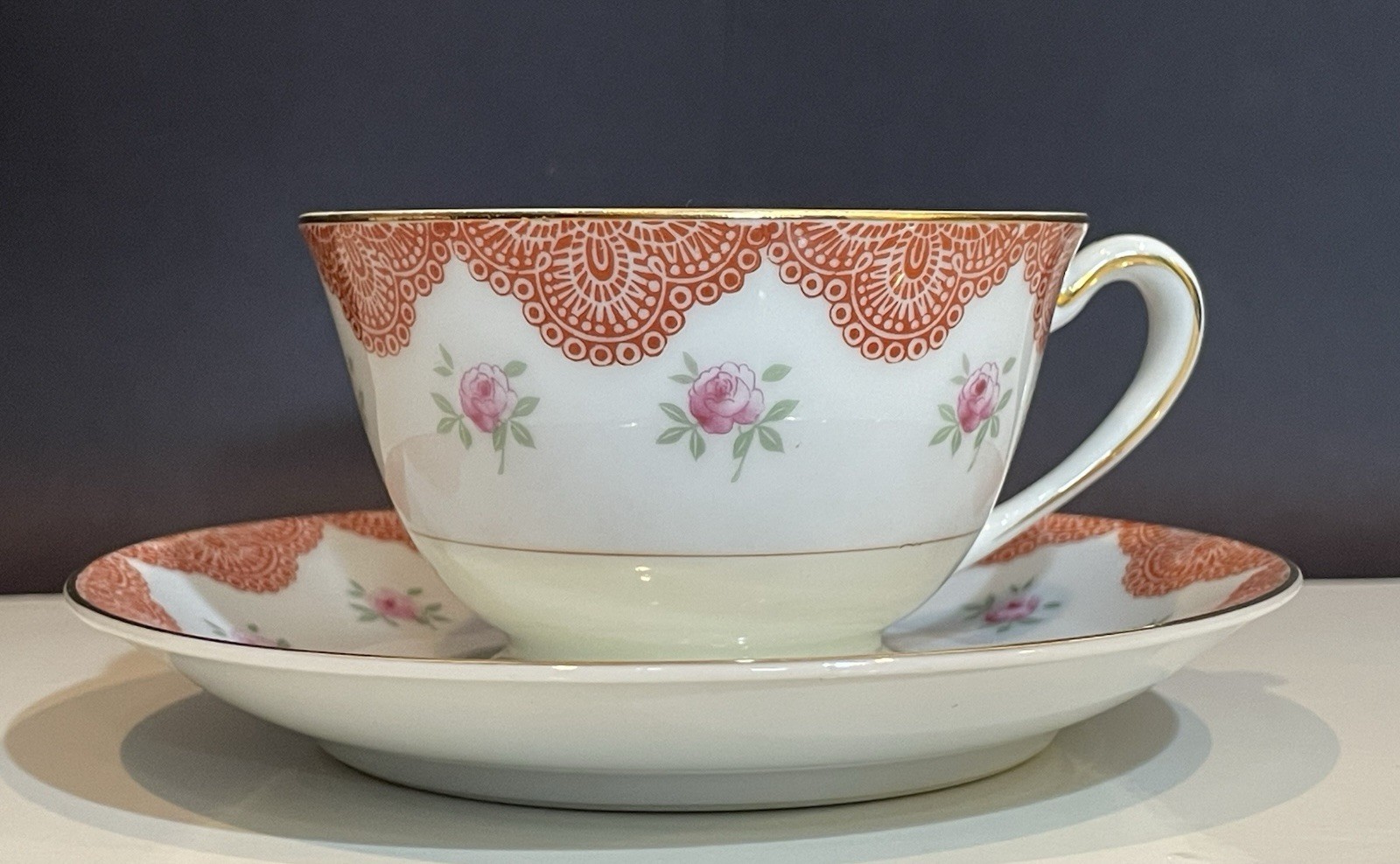 Vintage Aichi China Teacup & Saucer Made Occupied Japan Orange Lace Pink Rose