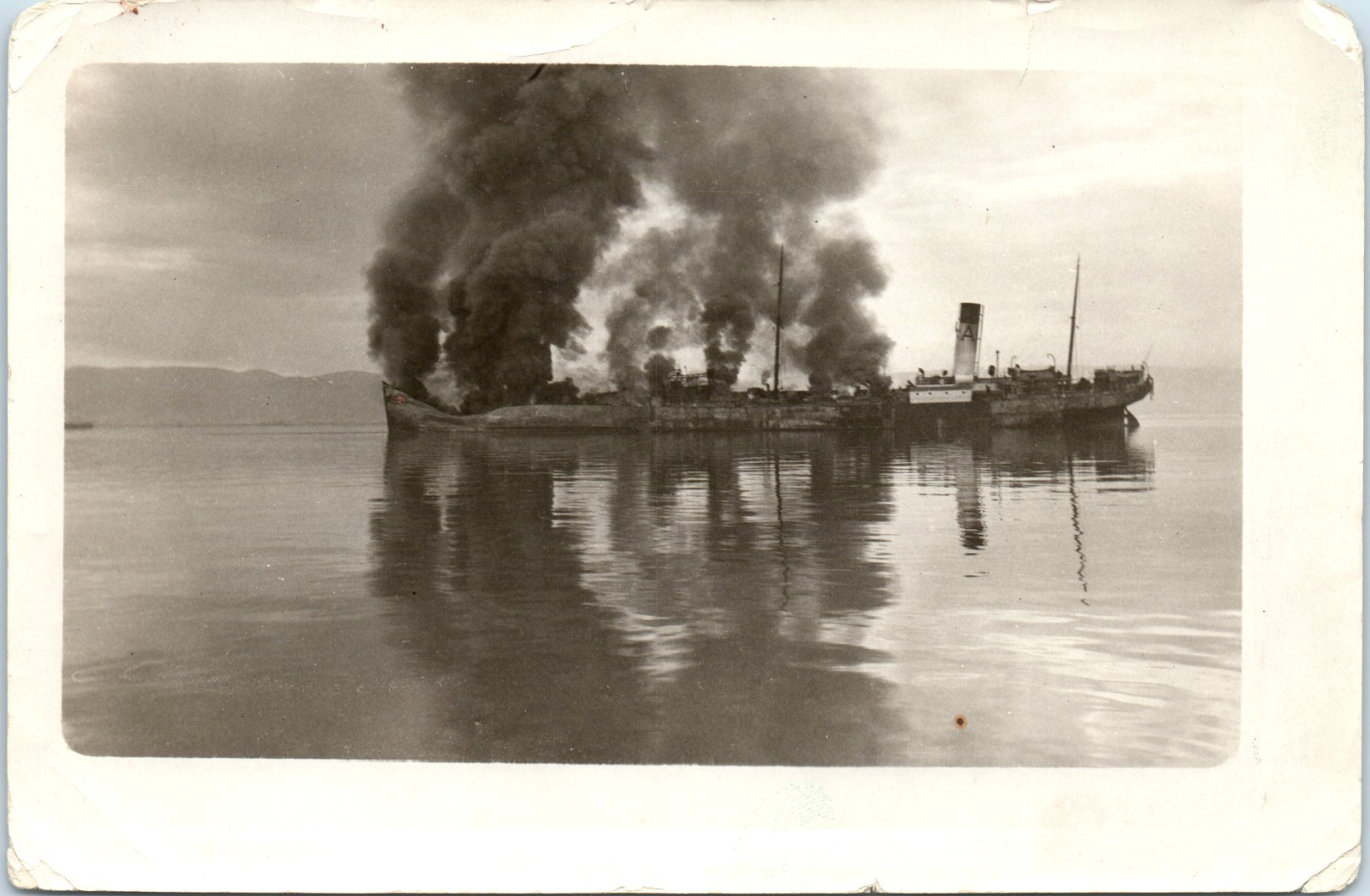 1920s Large Steam Ship on Fire Sinking at Sea Ocean Disaster Vintage Photo