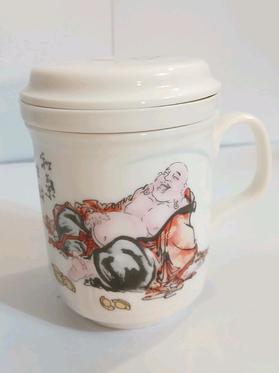 VTG Ho San Fine Bone China 3 Piece Tea Set Laughing Buddha Mug + Lid + Strainer