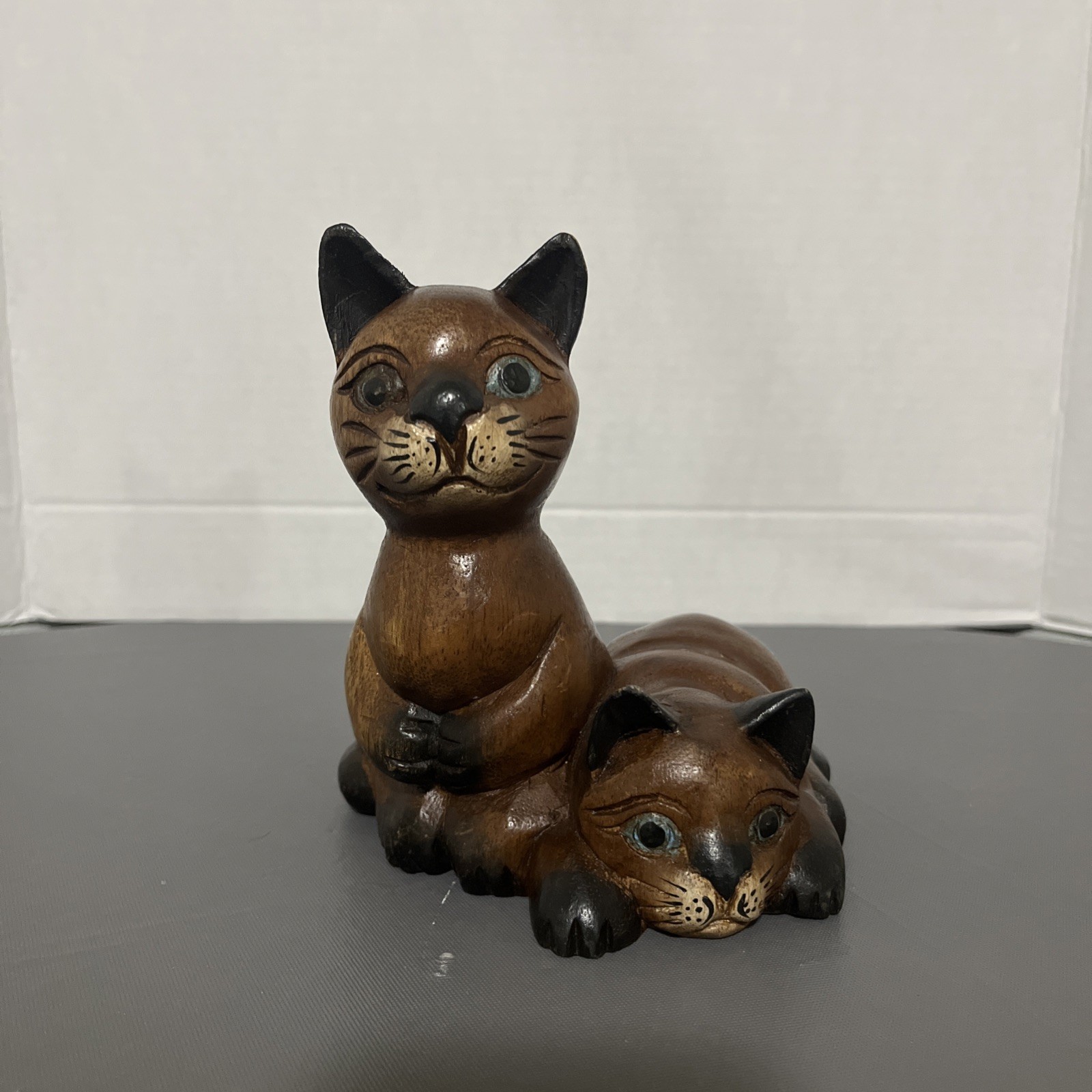 Vintage Hand Carved Wood Siamese Cat Mother & Kitten Figurine Folk Art