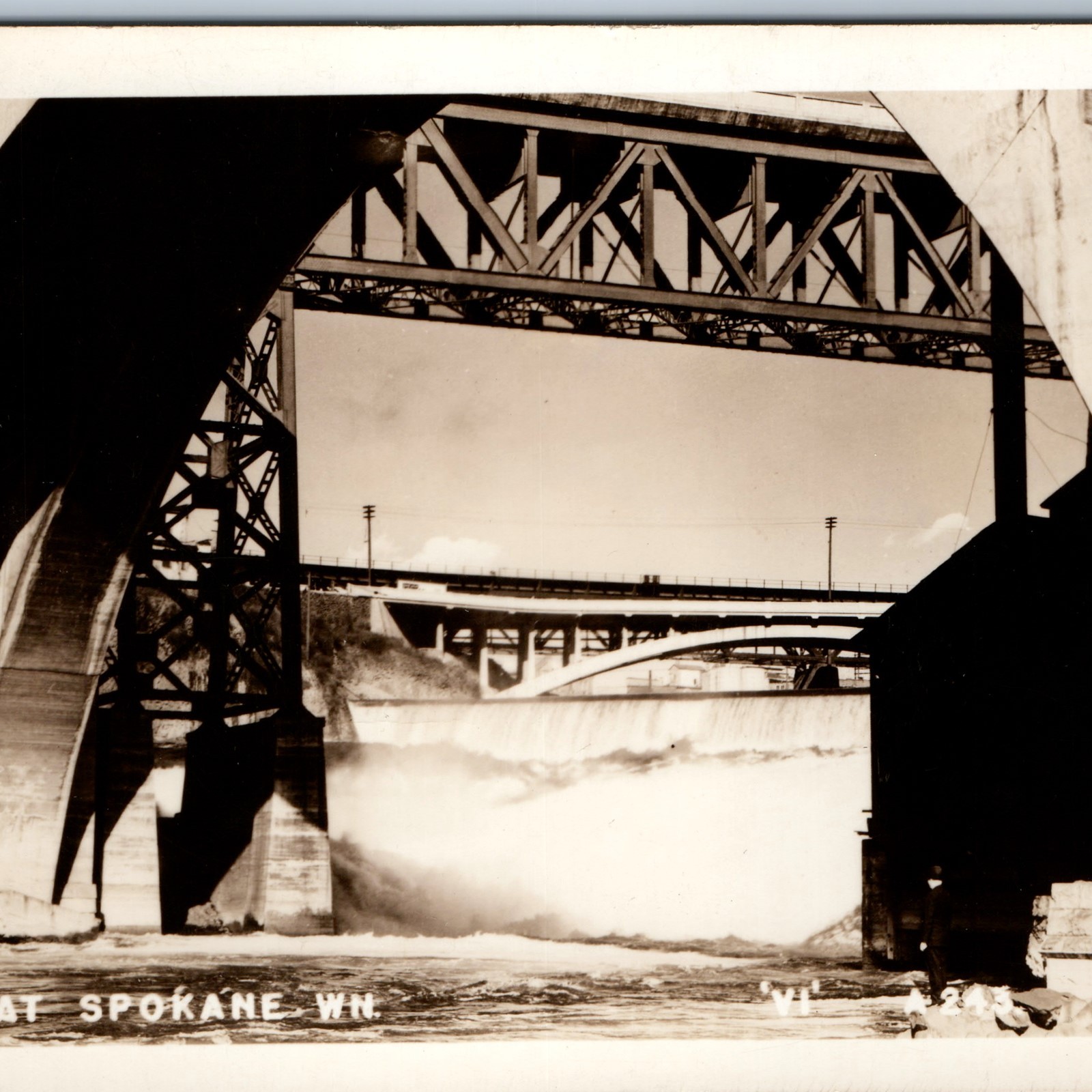 c1940s Spokane, WA Falls Monroe Street Bridge RPPC Steel Truss River Postcard