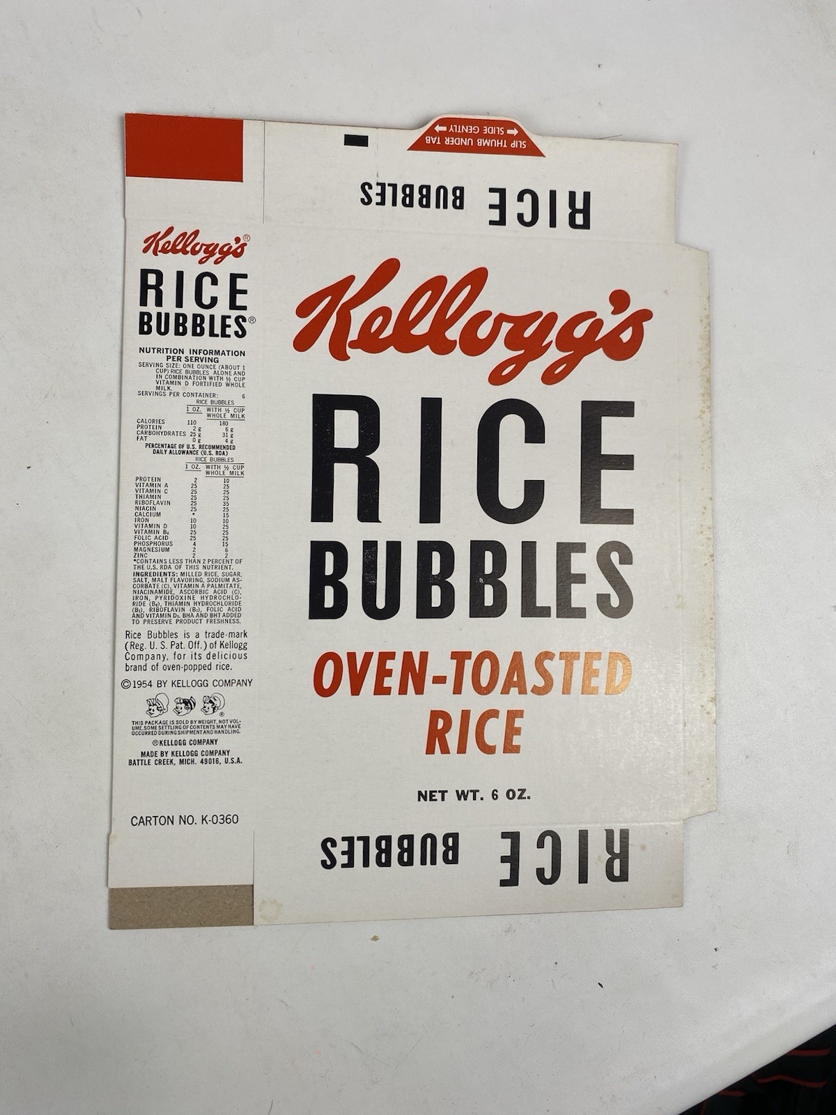 RARE Vintage 1954 Kellogg's Rice Bubbles FLAT UNUSED 6 Oz. Cereal Box 🥣