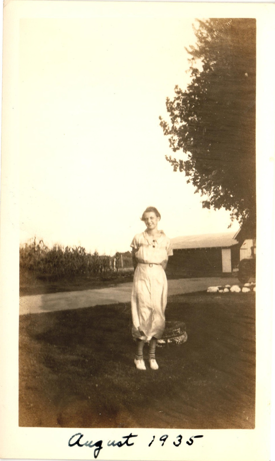 Vintage August 1935 Woman Outdoor Fashion Original B&W Snapshot Photograph