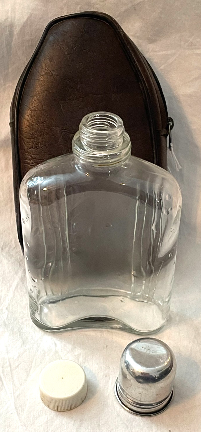 Vintage Glass Flask with Brown Zipper Case. Vintage Glass Flask with Brown Zipper Case.