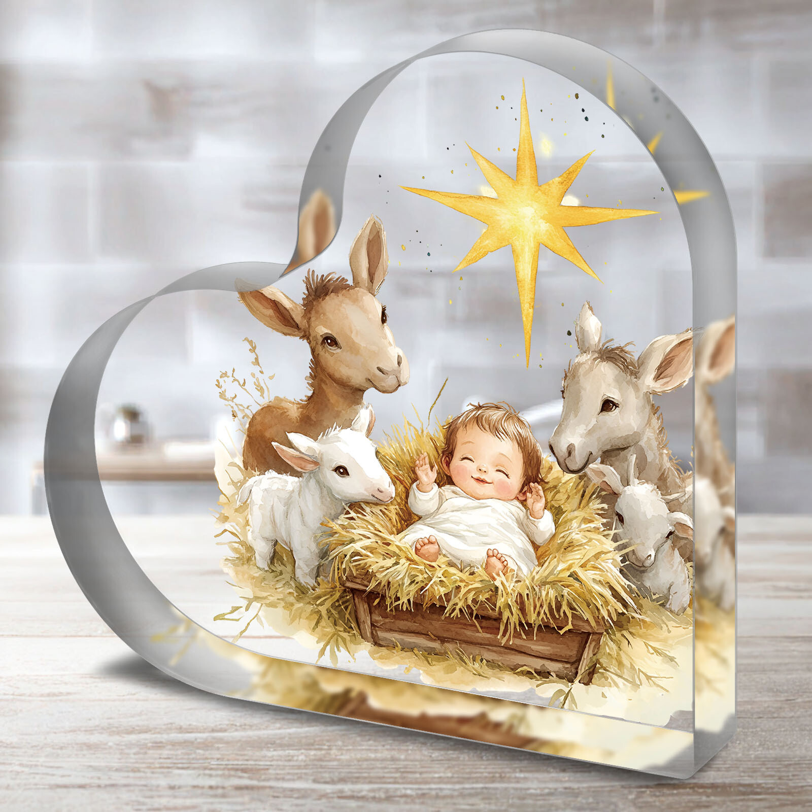 Heart-Shaped Nativity Scene Acrylic Stand Christmas Decor Religious Ornament