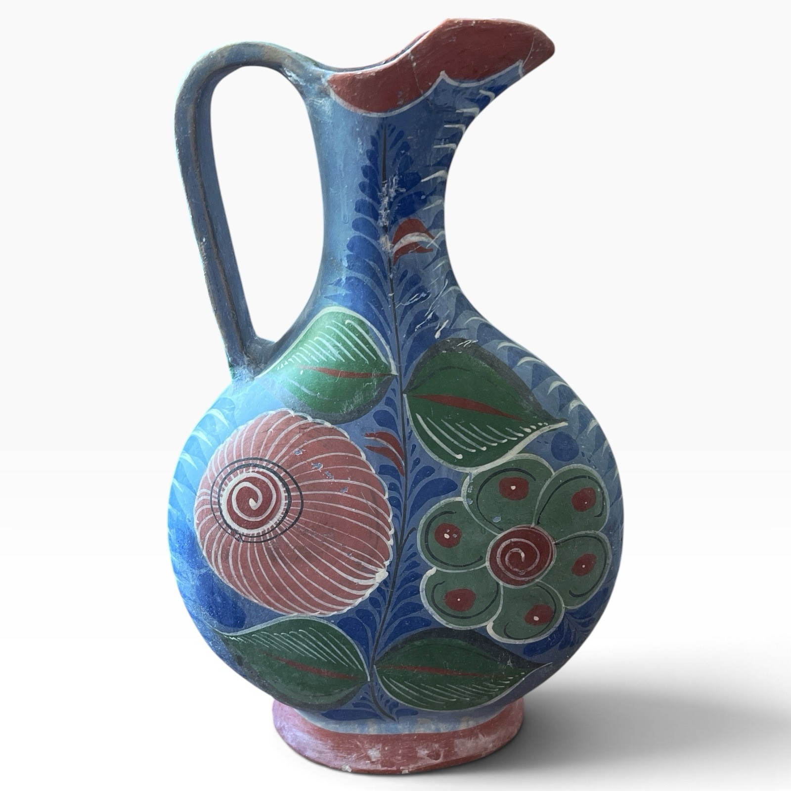 Vintage Tlaquepaque Mexican Pottery Large Pitcher Rare Matte Blue Folk Art 1930s