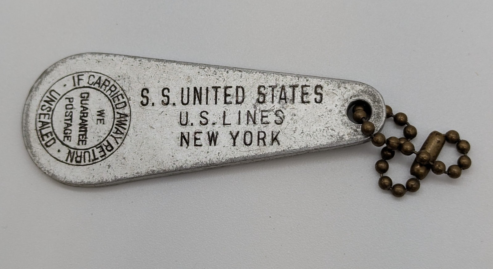 Vtg S.S. United States U.S Lines New York Key Room Fob Tag Ocean Liner Ship