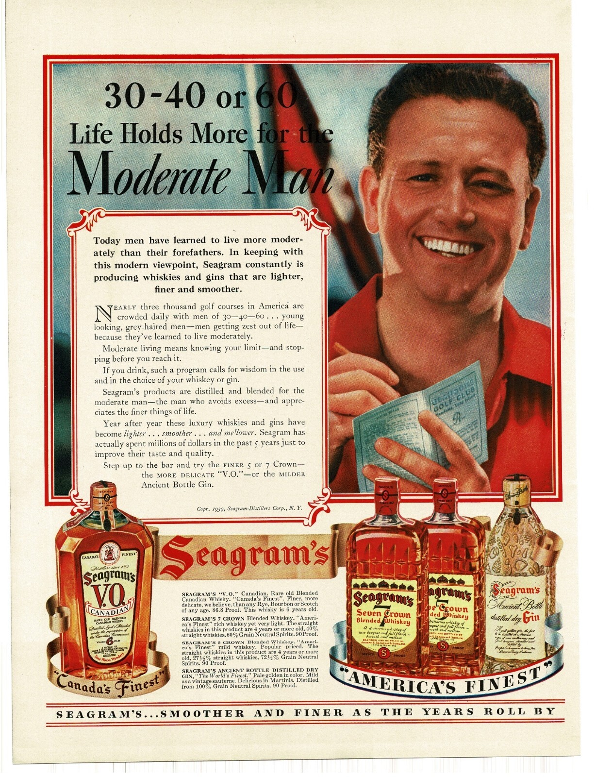 1939 Seagram\'s 7 5 VO Whiskey golfer Vintage Print Ad