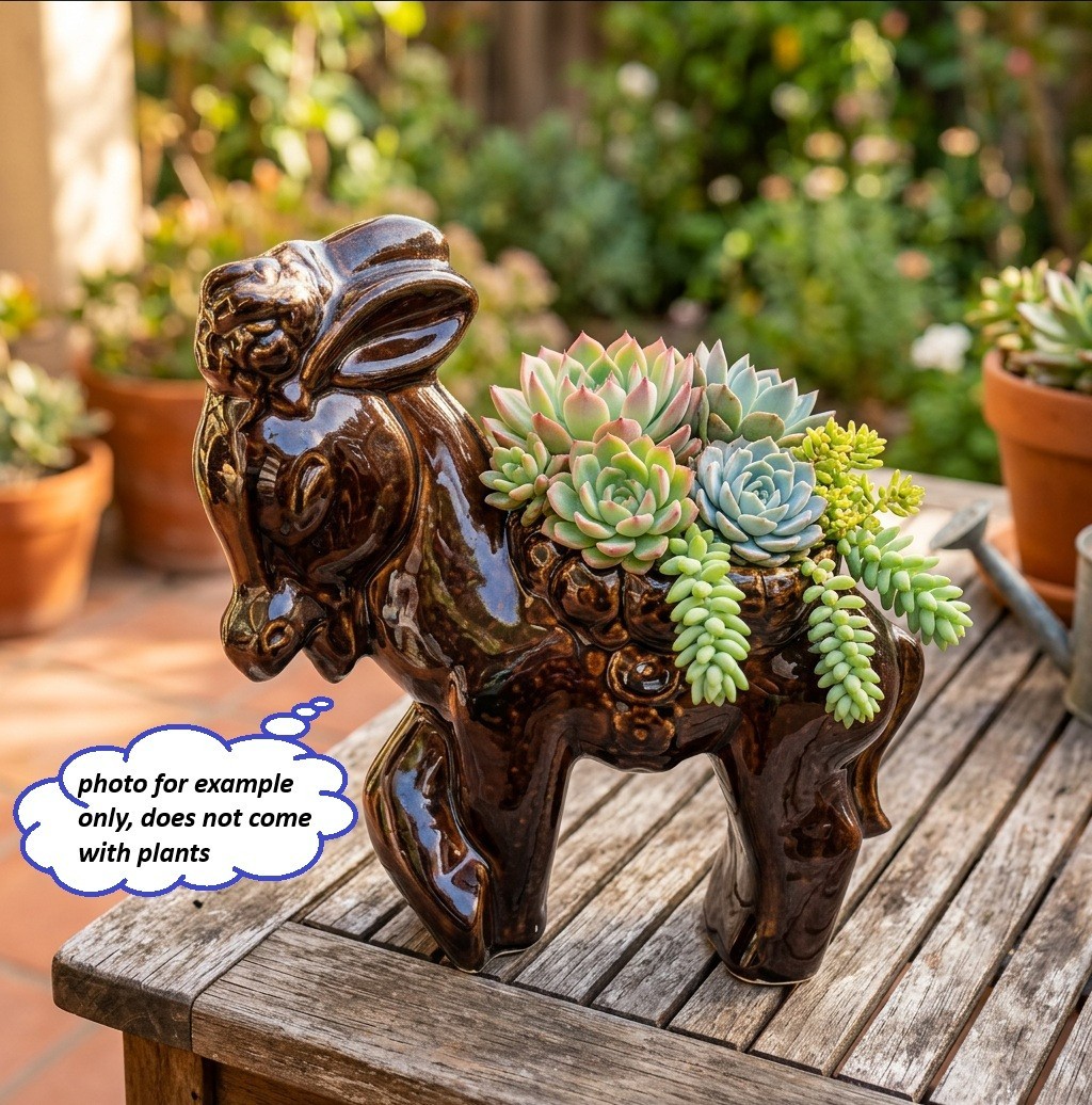 Vintage Mid-Century USA 1950s Large Ceramic Donkey Planter with Brown Drip Glaze