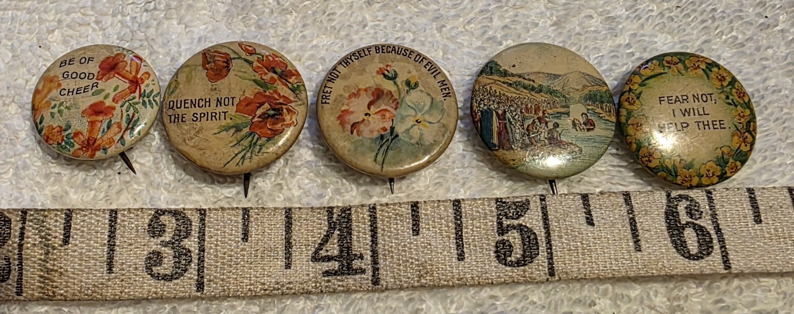 Antique Victorian Celluloid Pinback Button Scripture Floral Motto Whitehead Hoag