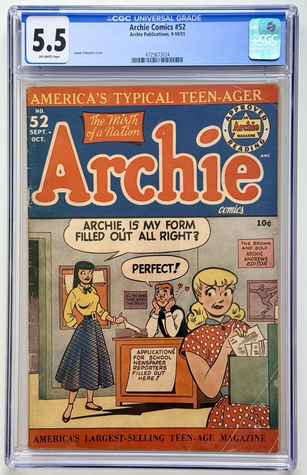 ARCHIE COMICS #52 ◉ CGC 5.5 * 1951 BETTY & VERONICA FEUD 🔥 PERFECT FORM  👀