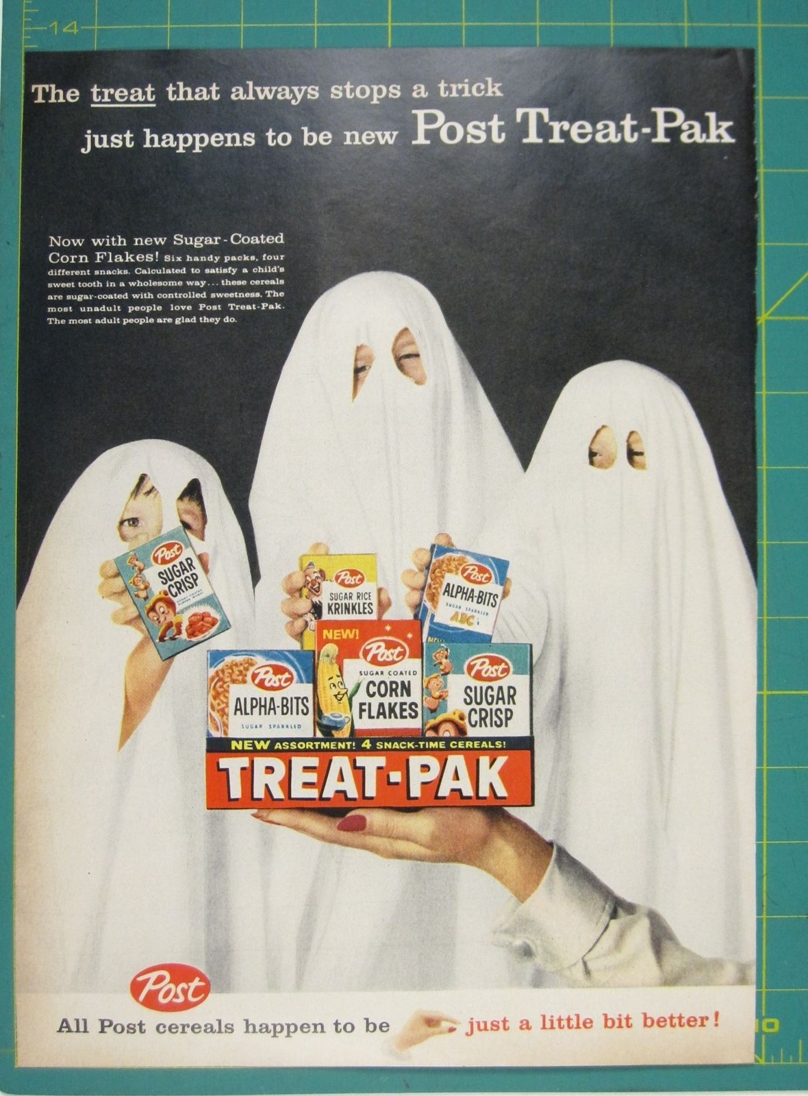 Print Ad Post Treat-Pak Vintage Halloween Ghost Corn Flakes 1950s Trick Treat