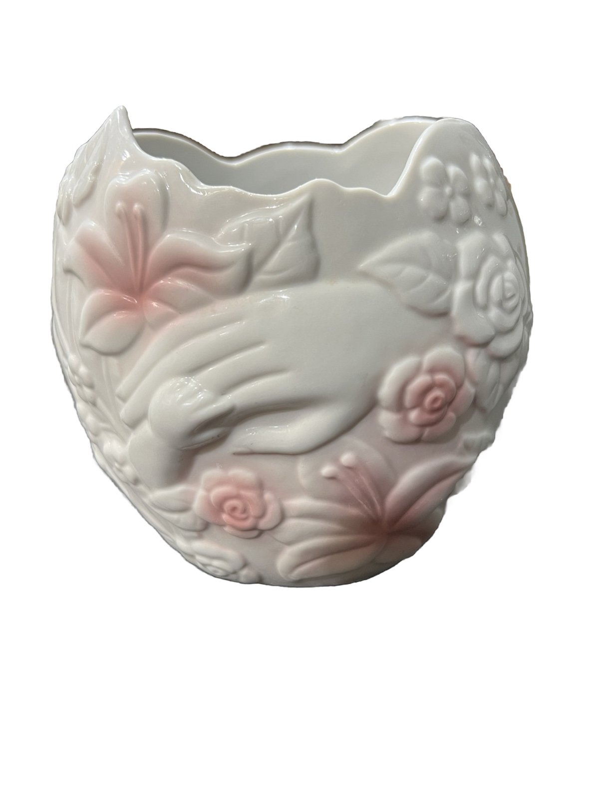 Vintage Mother And Baby Planter. Holding Hands Pink Ceramic Showers Gift