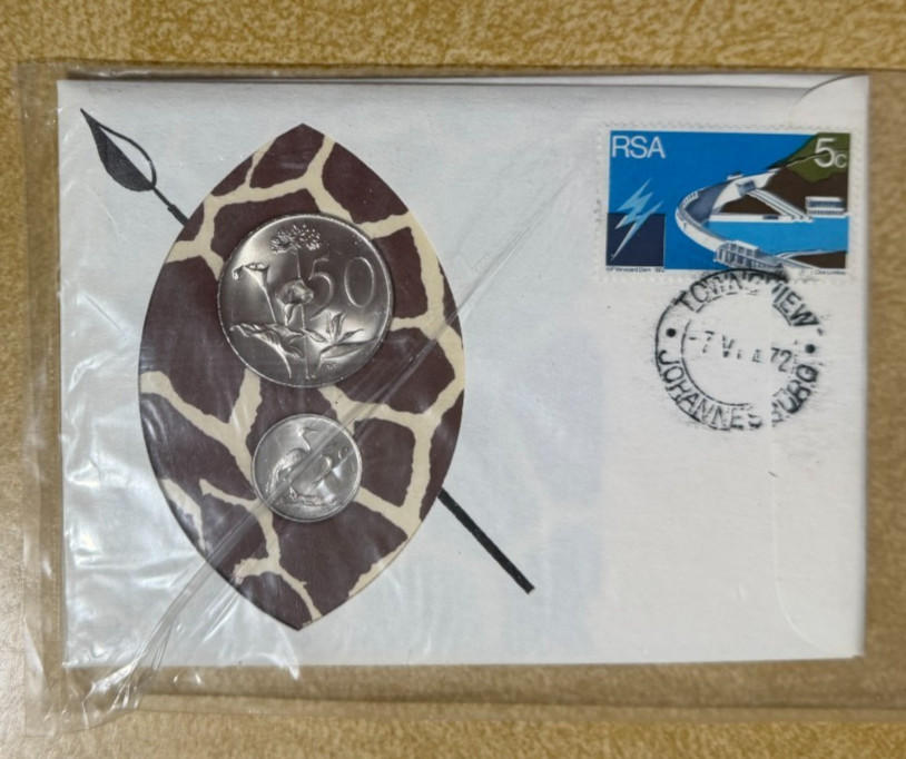 1972 ~ 99 COMPANY ~ FIRST DAY FIRST ISSUED SOUTH AFRICA ~ 5 & 50 CENT 2 COIN SET