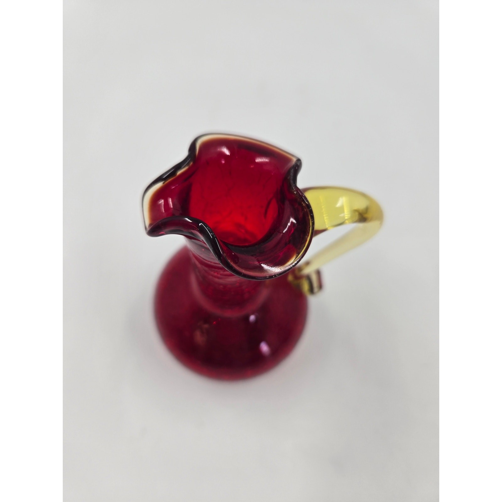 Vintage MCM Amberina Ruby Red Crackle Glass Mini Pitcher Applied Amber Handle Vintage MCM Amberina Ruby Red Crackle Glass Mini Pitcher Applied Amber Handle