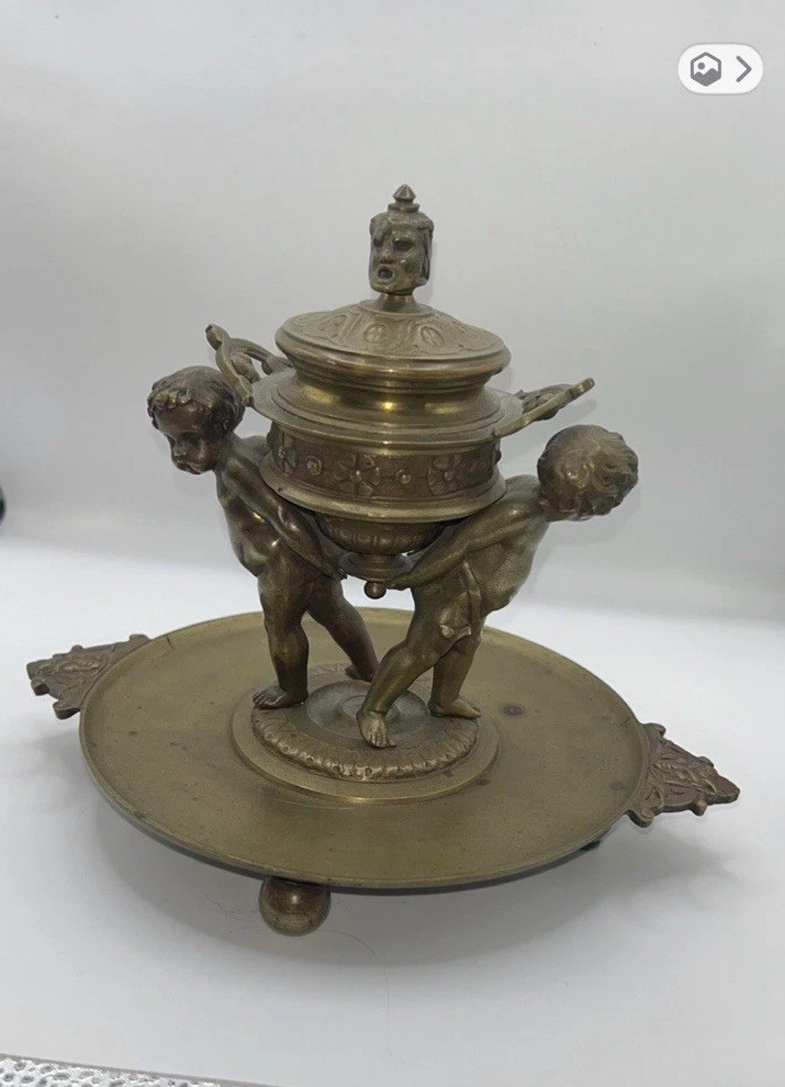 Antique Magnificent 19thCentury Bronze Desk InkwellSupported By 2 Cherubs Antique Magnificent 19thCentury Bronze Desk InkwellSupported By 2 Cherubs
