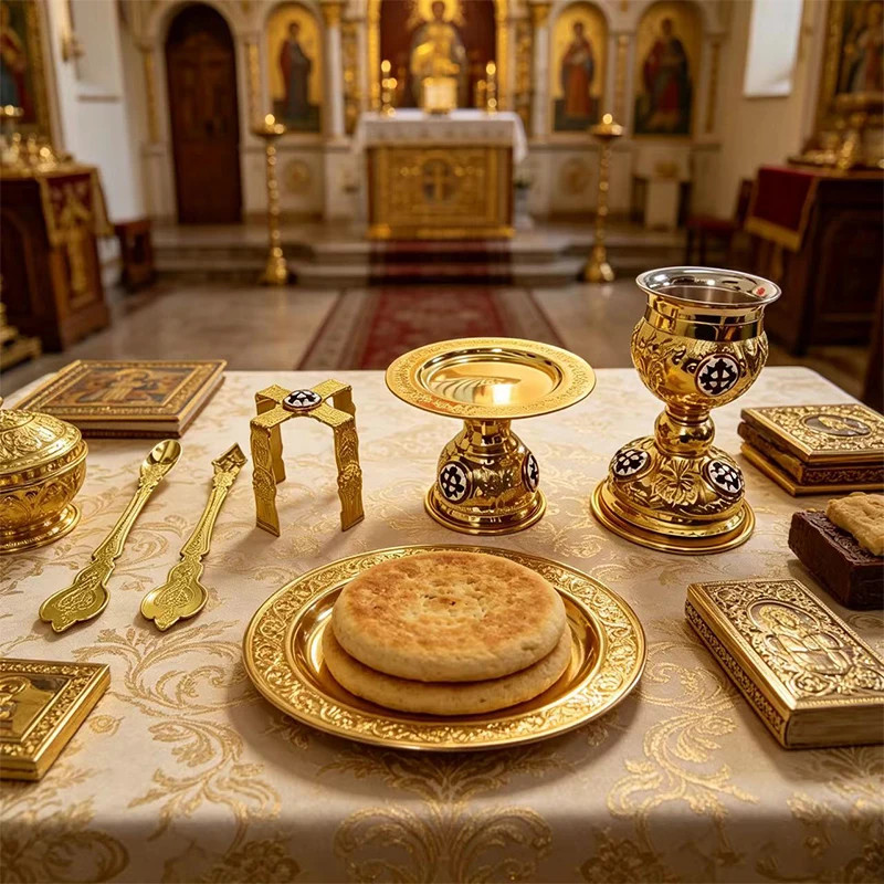 Orthodox Diskos Icon Plate Set Golden Blue Altar Home Church Religious Decors