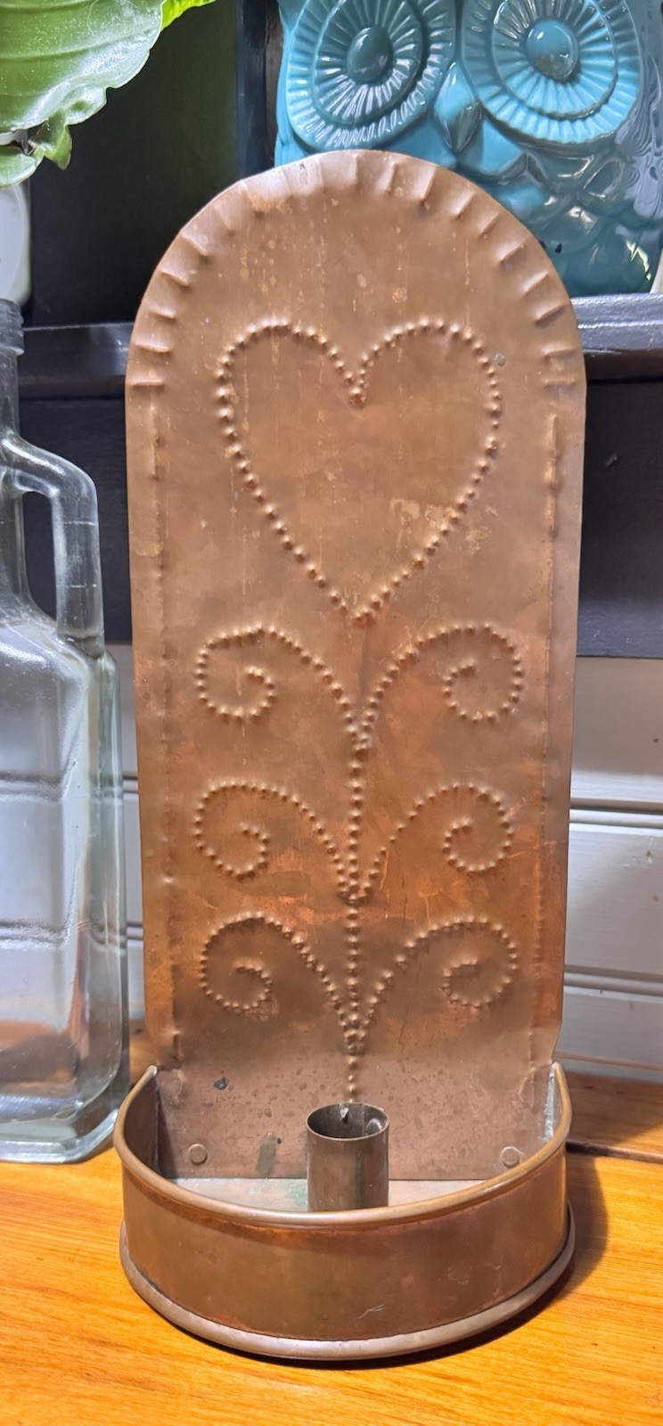 Vintage Handmade Punched Copper Soldered Hanging Candle Holder