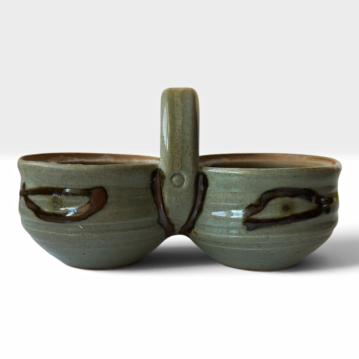Vintage Studio Pottery Double Salt Cellar Condiment Bowl Handled Green Glaze