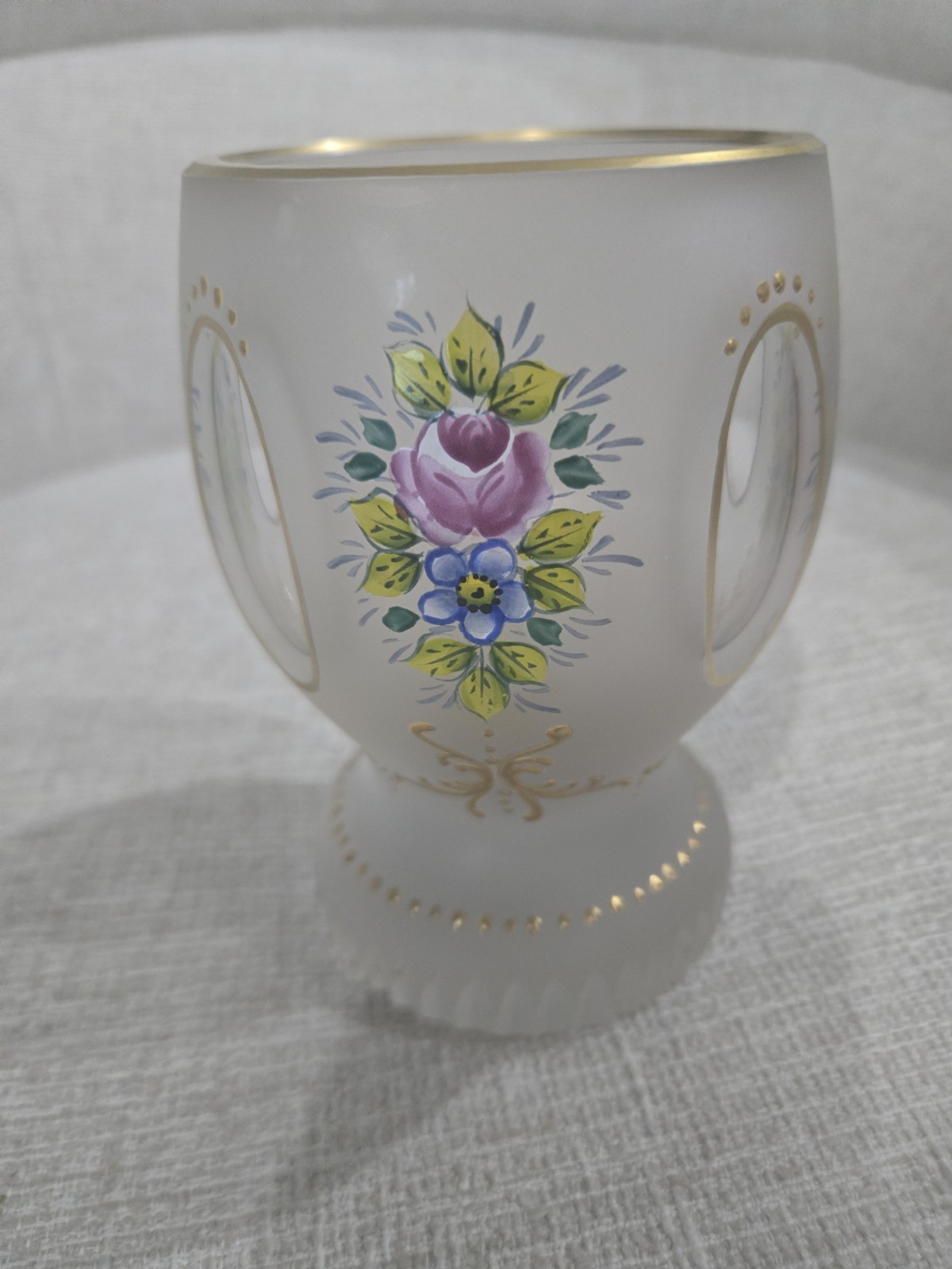 Antique Bohemian Handpainted  Frosted Cut Crystal Vase