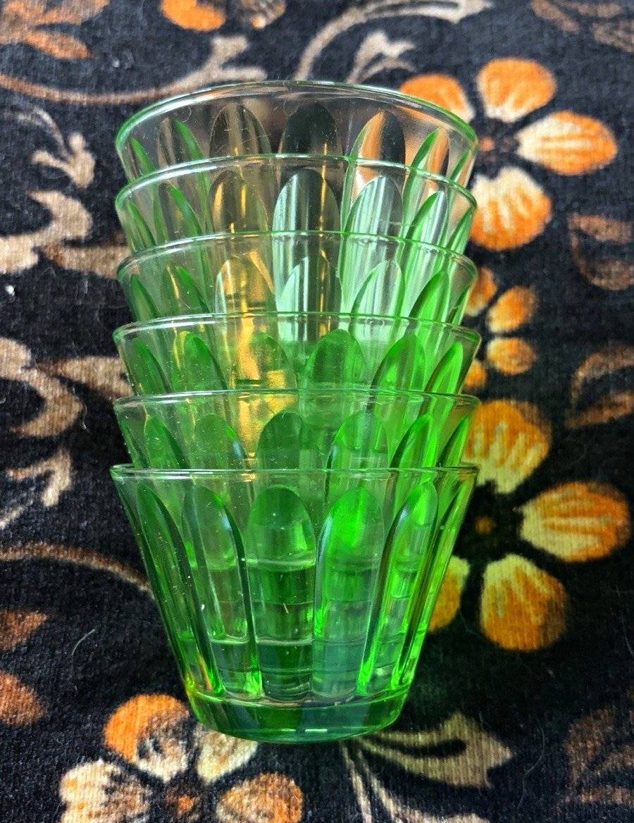 X6 Vintage Hazel Atlas uranium glass ribbed custard cups.