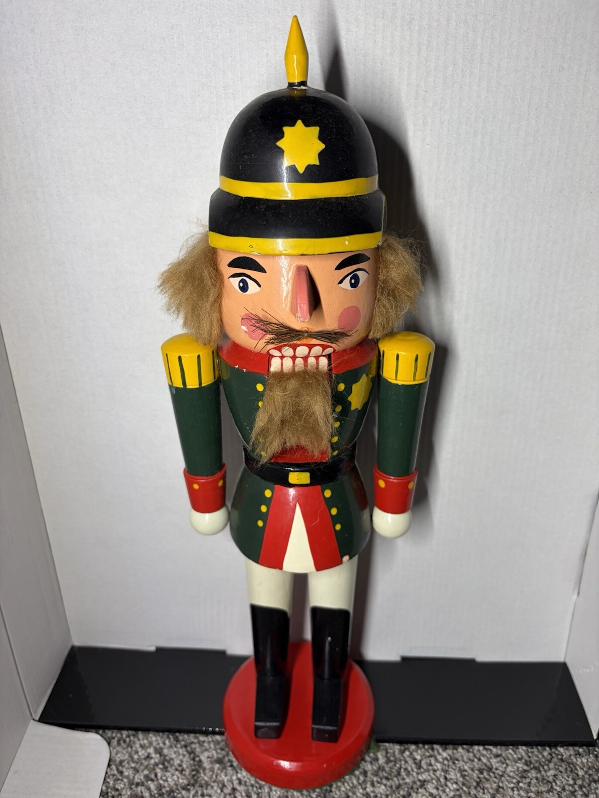 Vtg Wooden Nutcracker Soldier Hand Painted Straw Mustache 15 Inch