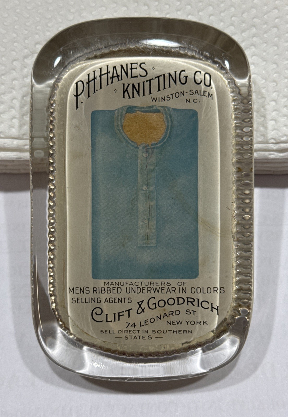Antique Advertising Paperweight PH Hanes Knitting Clift Goodrich NY NC Winston
