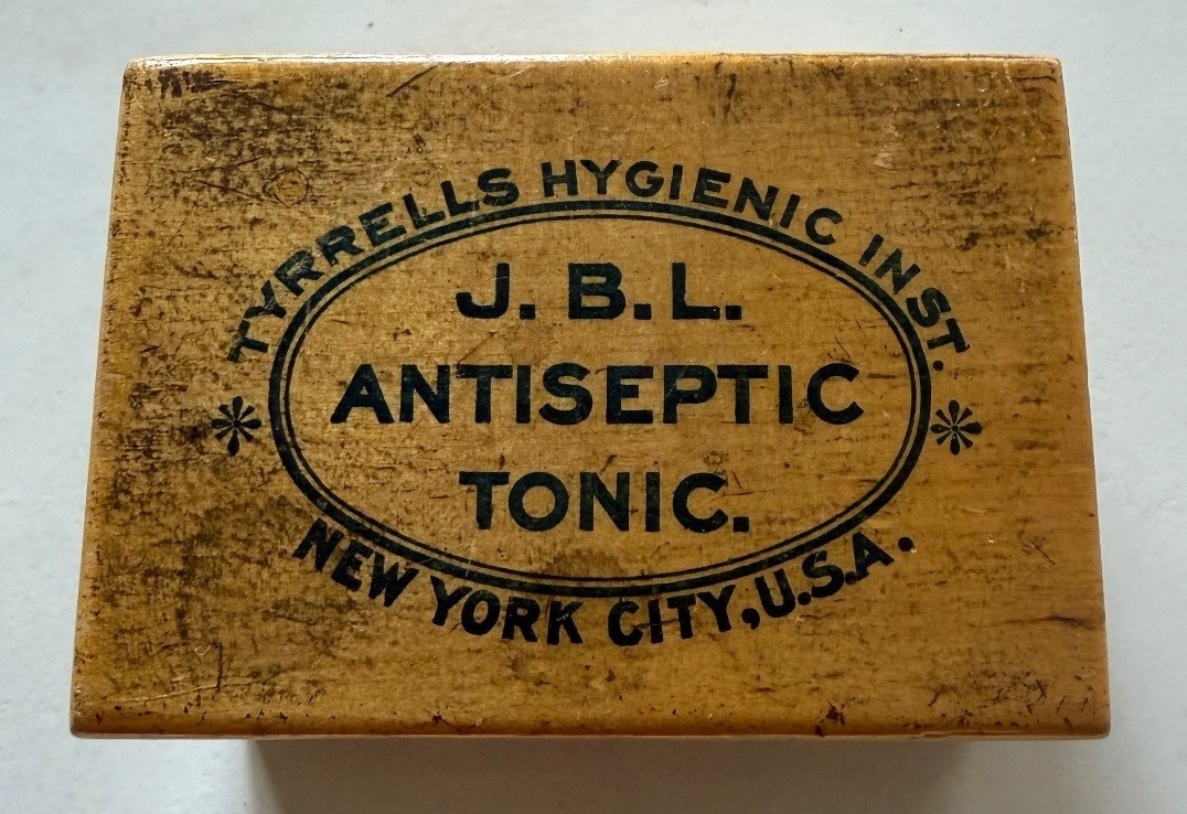 Antique c1900-1920 J.B.L. Antiseptic Tonic Wood Box Tyrrell’s Hygienic Institute Antique c1900-1920 J.B.L. Antiseptic Tonic Wood Box Tyrrell’s Hygienic Institute
