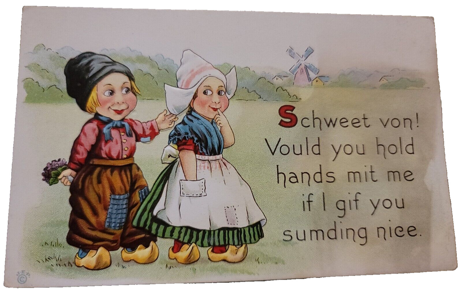 Valentines Postcard Dutch Boy Girl Windmill Wooden Shoes Embossed 1912 Art Valentines Postcard Dutch Boy Girl Windmill Wooden Shoes Embossed 1912 Art