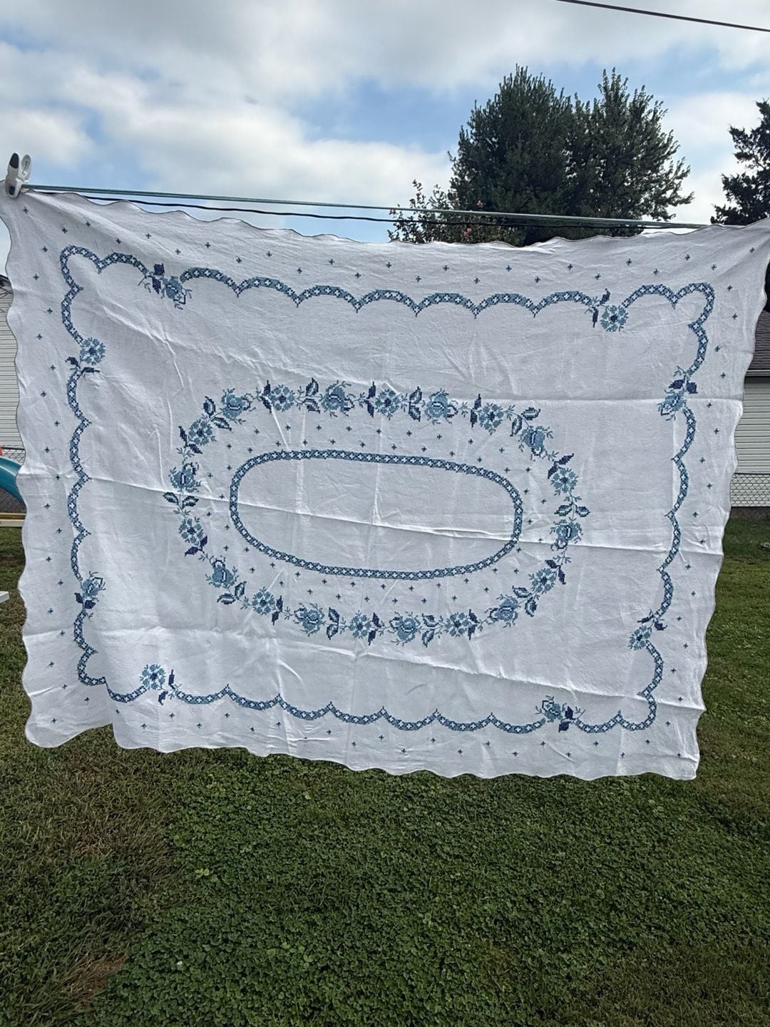 Vintage Hand Embroidered Blue Floral White Linen Tablecloth