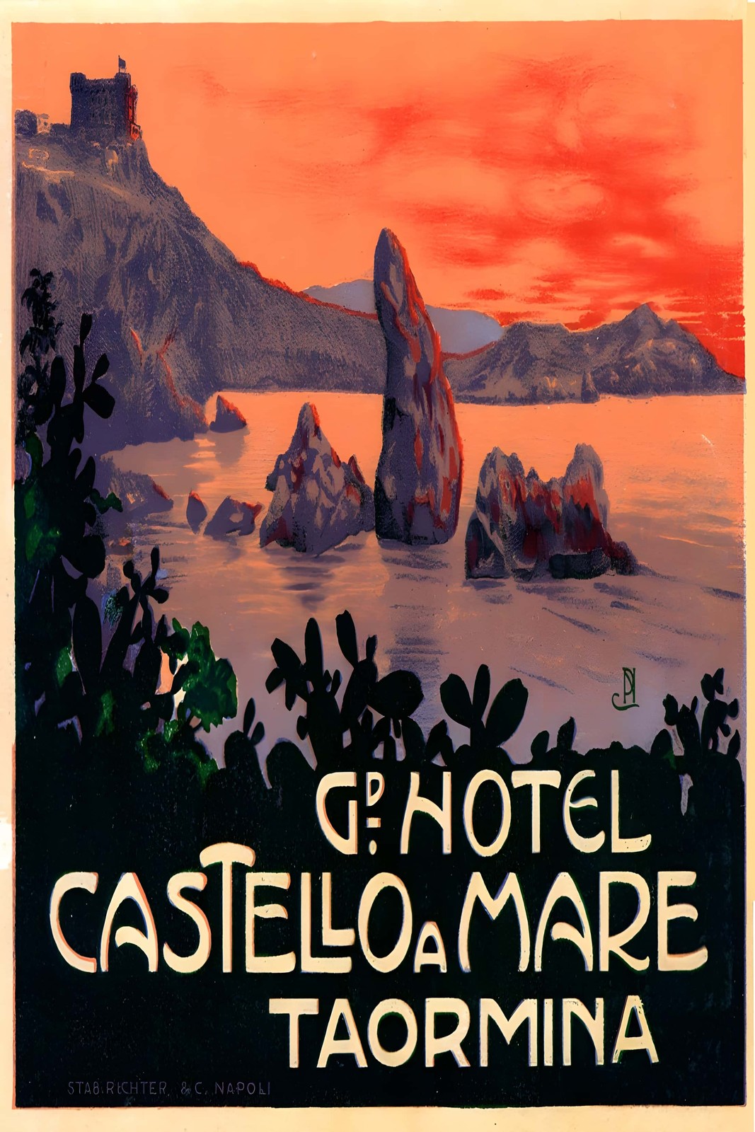 Vintage Italian Travel Poster 🎨 - Taormina Hotel Castello a Mare - 1920s