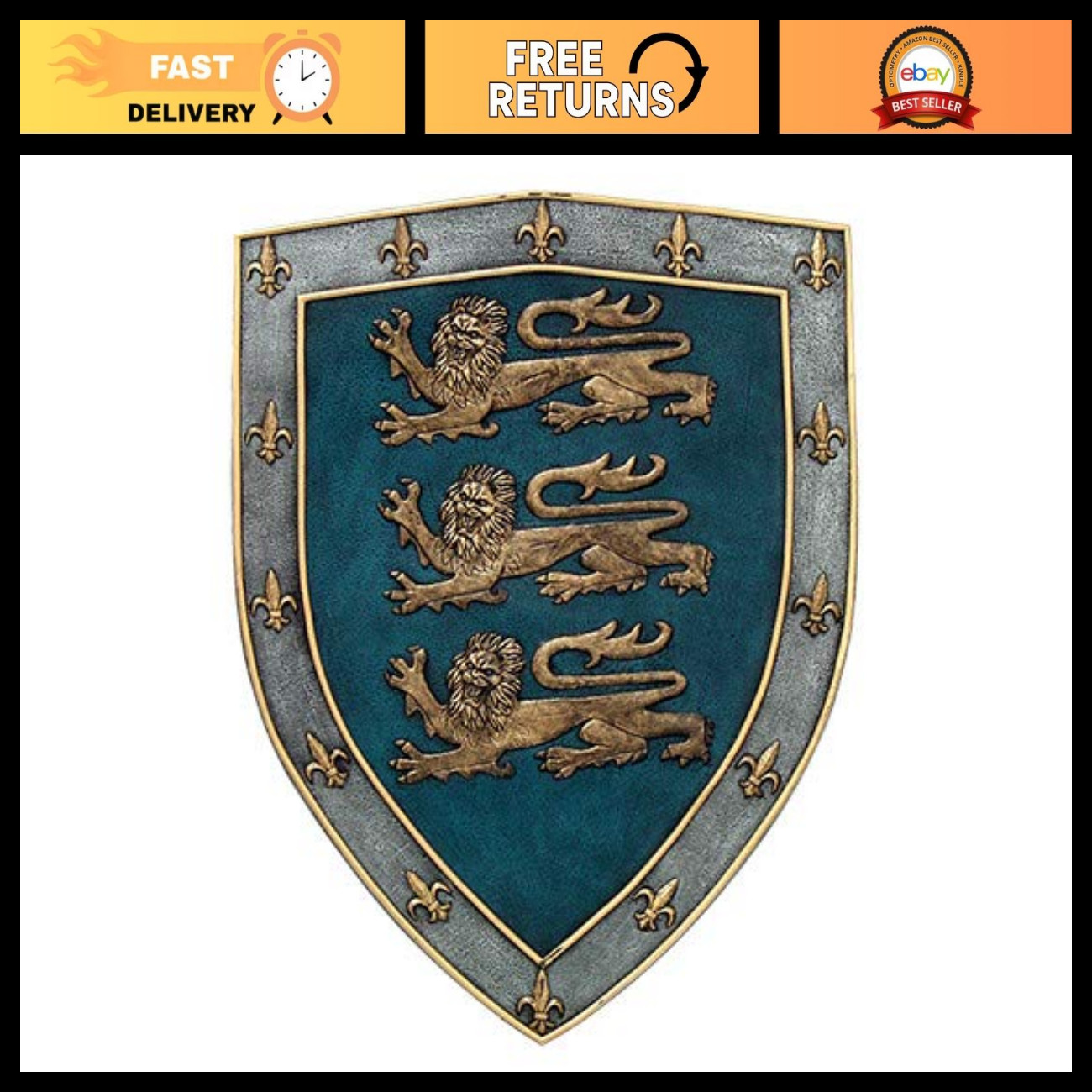 Medieval Three Lions Royal Coat of Arms Shield Wall Sculpture Home Decor Art