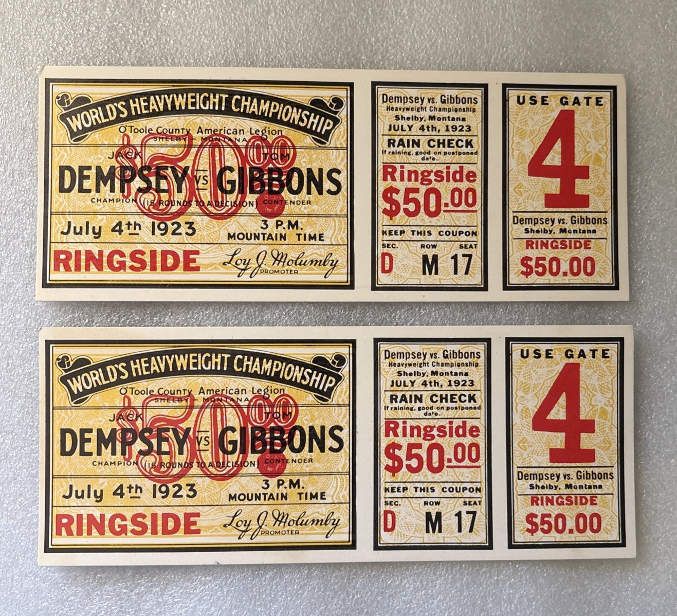 Vintage Postcard $50.00 Duplicate Ringside Ticket Dempsey-Gibbons Shelby Montana