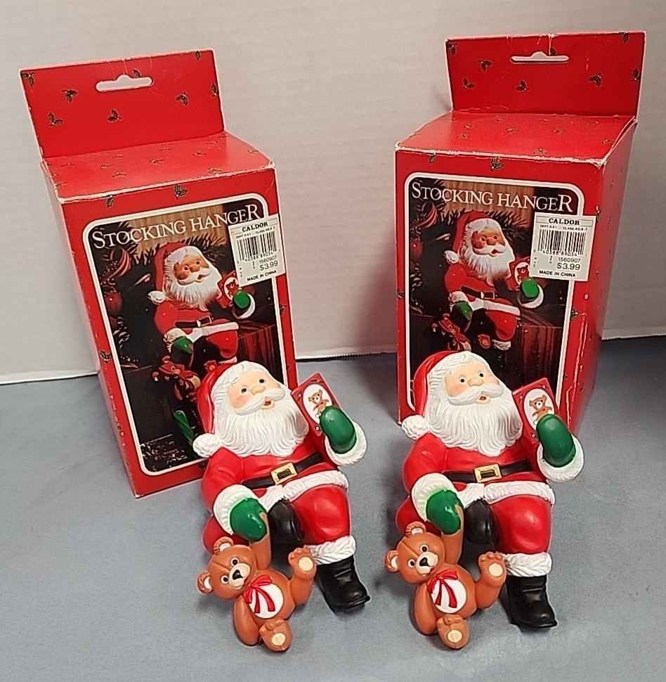 Vintage PAIR NIB Christmas Stocking Hanger Holder Santa Claus 5-1/2\