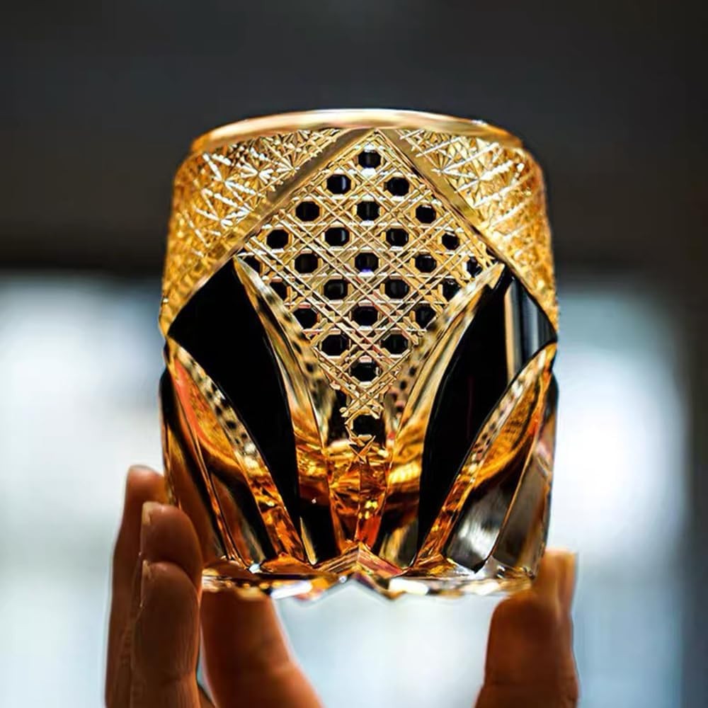 Edo Kiriko Hand‑Carved Gold Accent Crystal Glass Japanese Sake Whiskey Cup Amber Edo Kiriko Hand‑Carved Gold Accent Crystal Glass Japanese Sake Whiskey Cup Amber