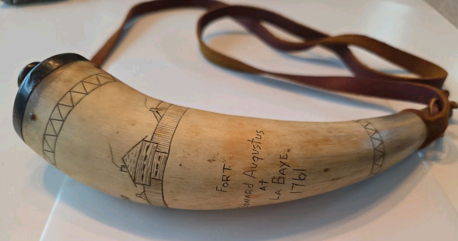 Powder Horn Hand Carved Wooden Base & Spout Fort Edward Augustus La Bye 1761