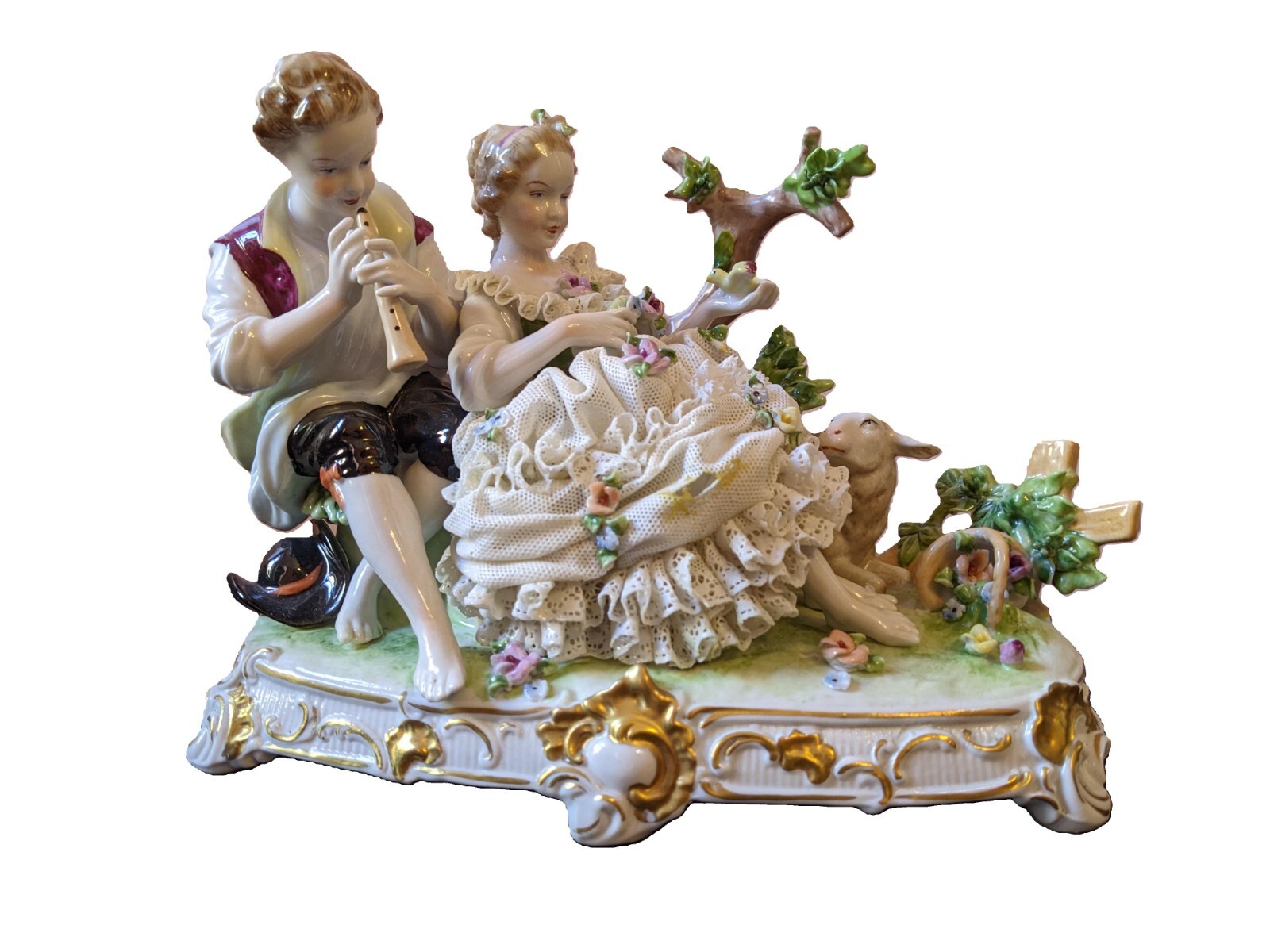 Vintage Large German Dresden Porcelain Young Couple Lace Figurine