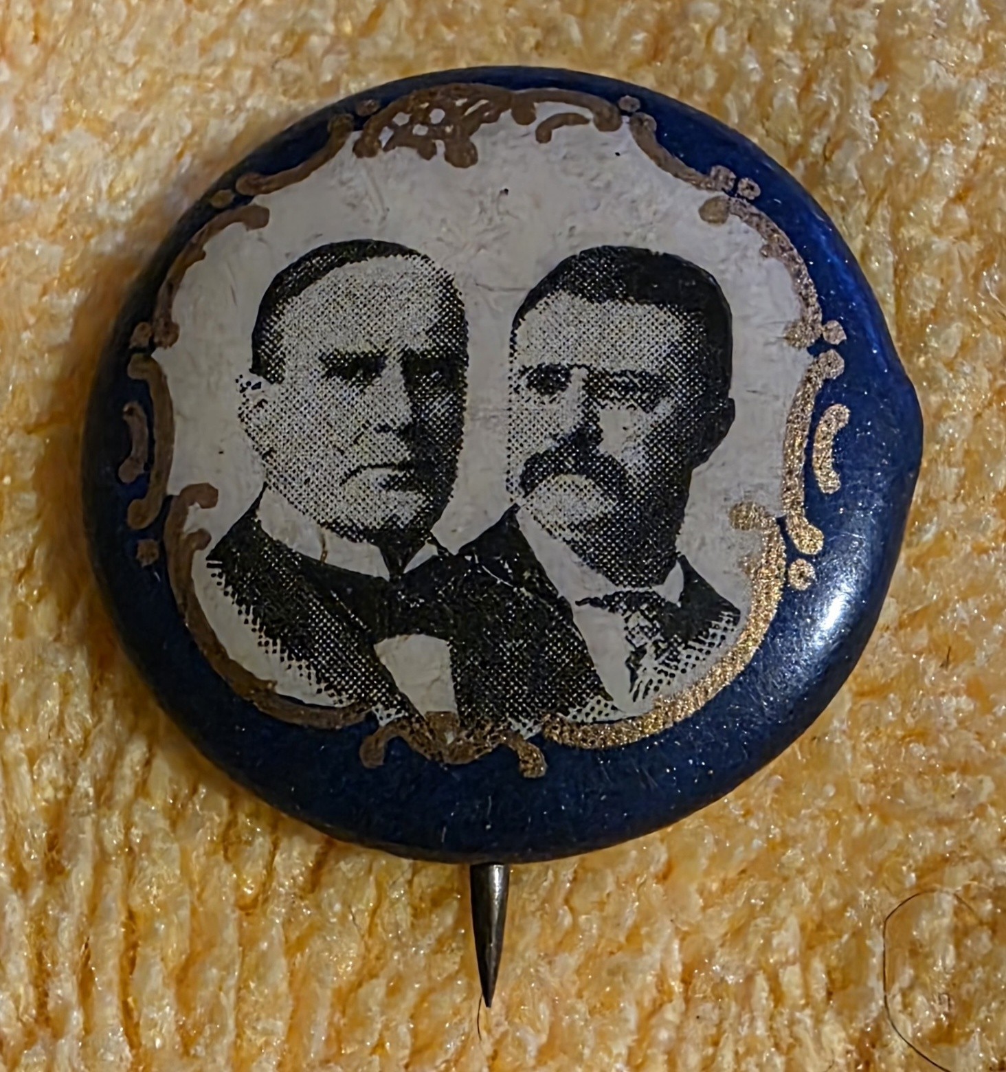 1896 McKinley Hobart Jugate Celluloid Stickpin Blue Gold Whitehead Hoag FINE 