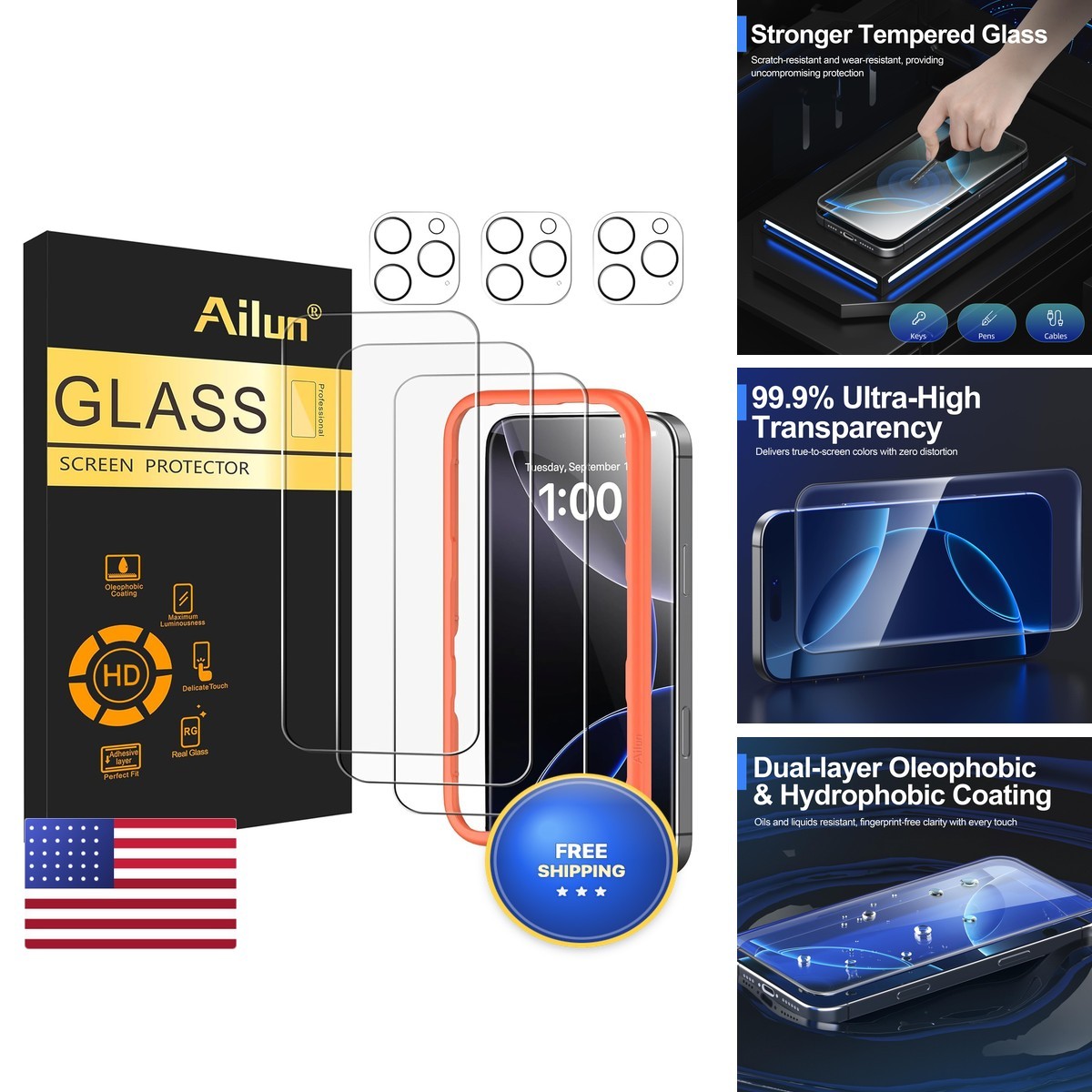 Ailun 3 Pack Screen Protector + Camera Lens Protector for iPhone 16 Pro Max Ailun 3 Pack Screen Protector + Camera Lens Protector for iPhone 16 Pro Max