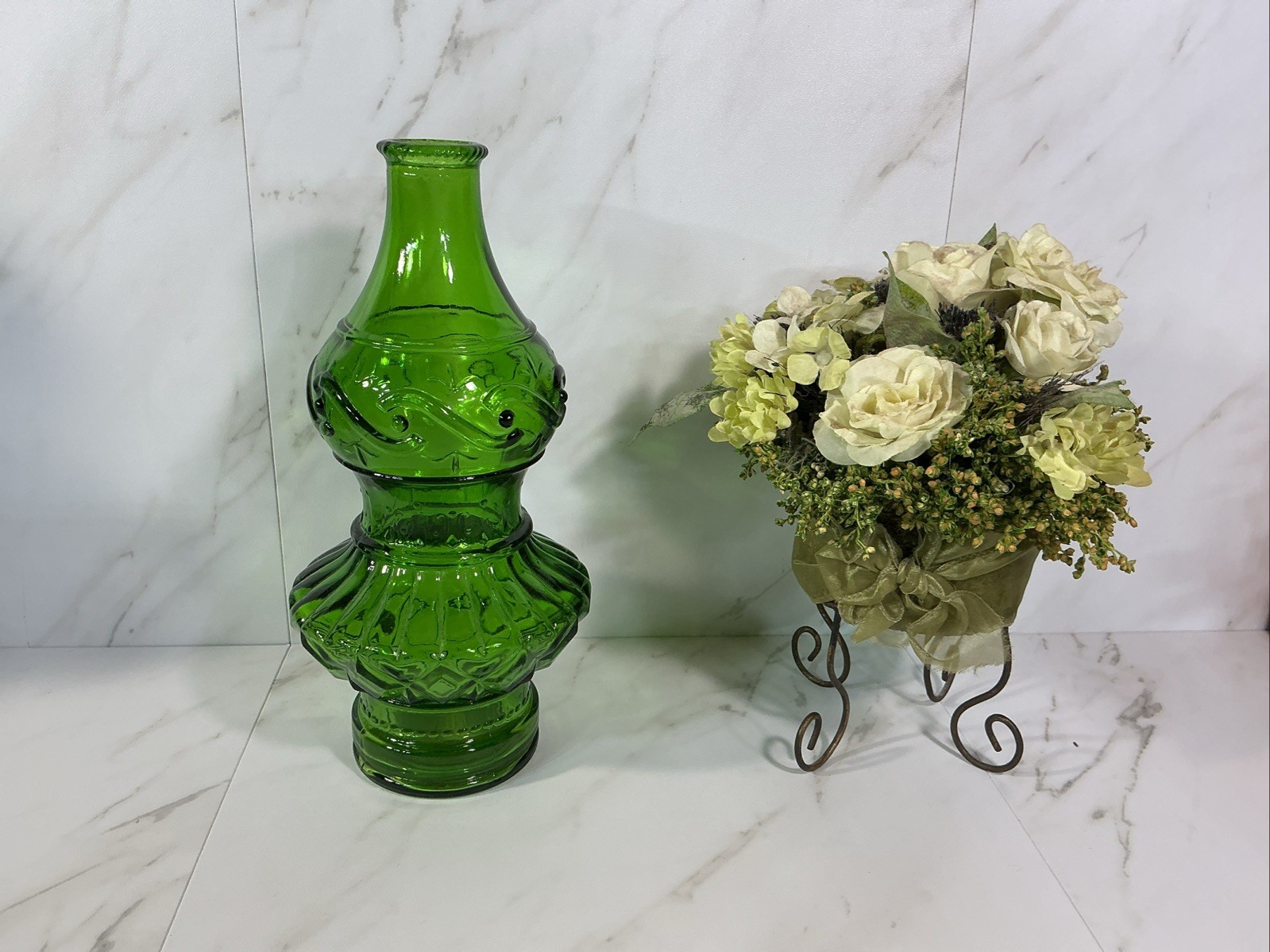 Vintage Wheaton NJ Green Glass Genie Bottle Vase~ Embossed Swirls ~ 10”