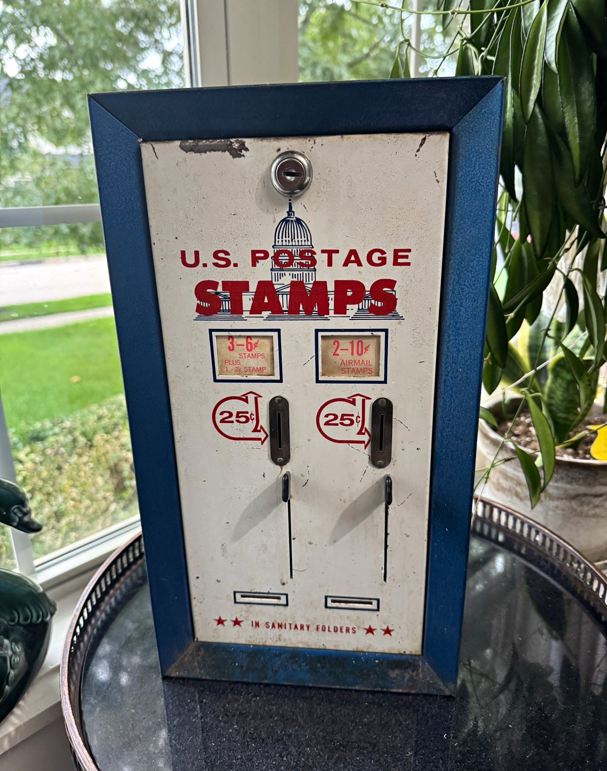 Vintage U.S. Postage Stamp Vending Machine Blue Metal Coin-Op Stamp Dispenser