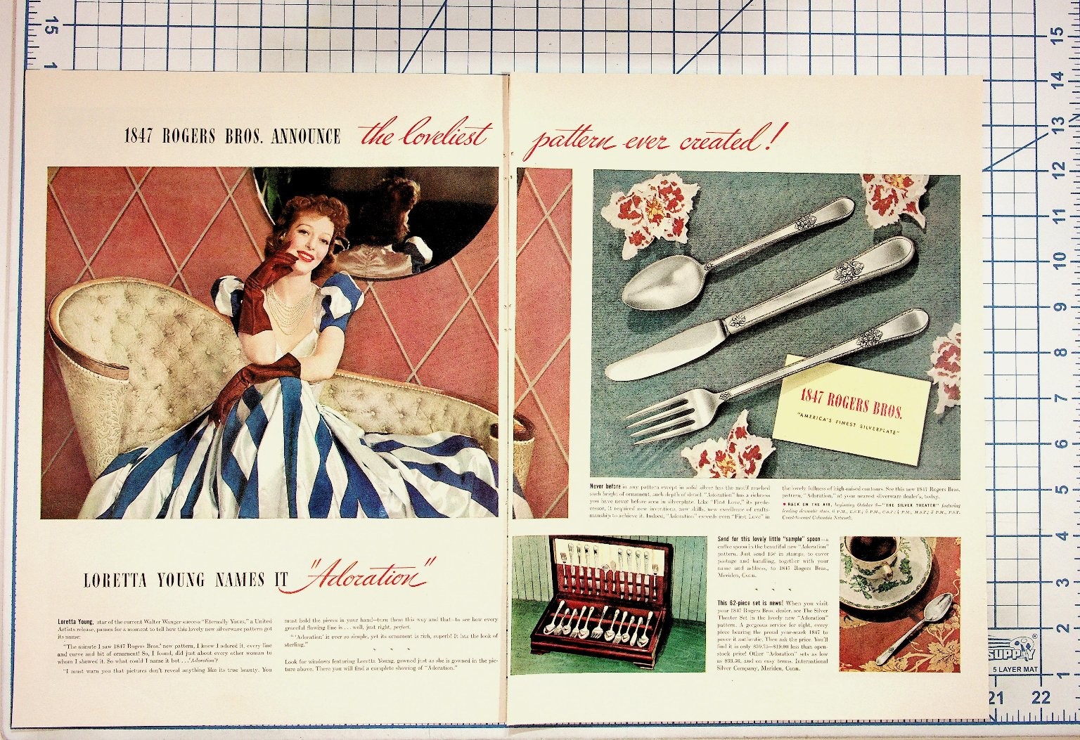 1940s 1847 Rogers Bros Silverplate Adoration Ad Loretta Young Magazine Print 1940s 1847 Rogers Bros Silverplate Adoration Ad Loretta Young Magazine Print