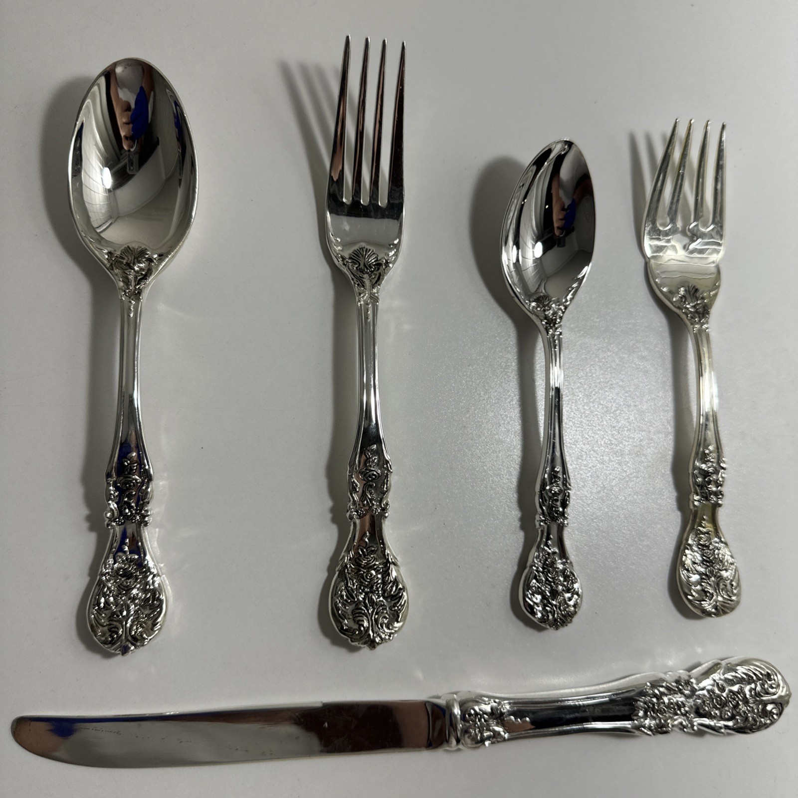 5 F.B. Rogers FRENCH ROSE Ornate Silverplate Flatware Fork Spoon Knife